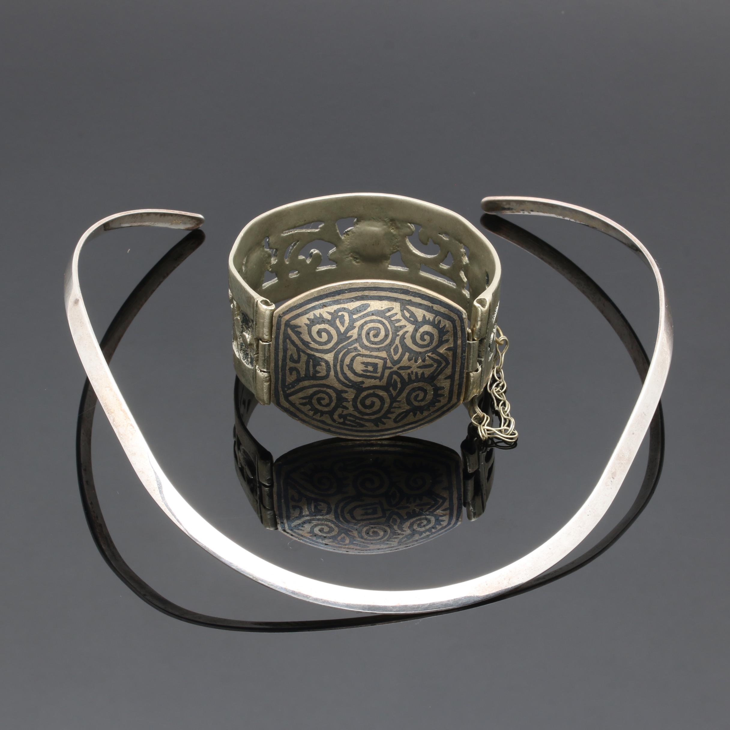 Sterling Silver and Silver Tone Niello Bangle Bracelet and Collar Necklace