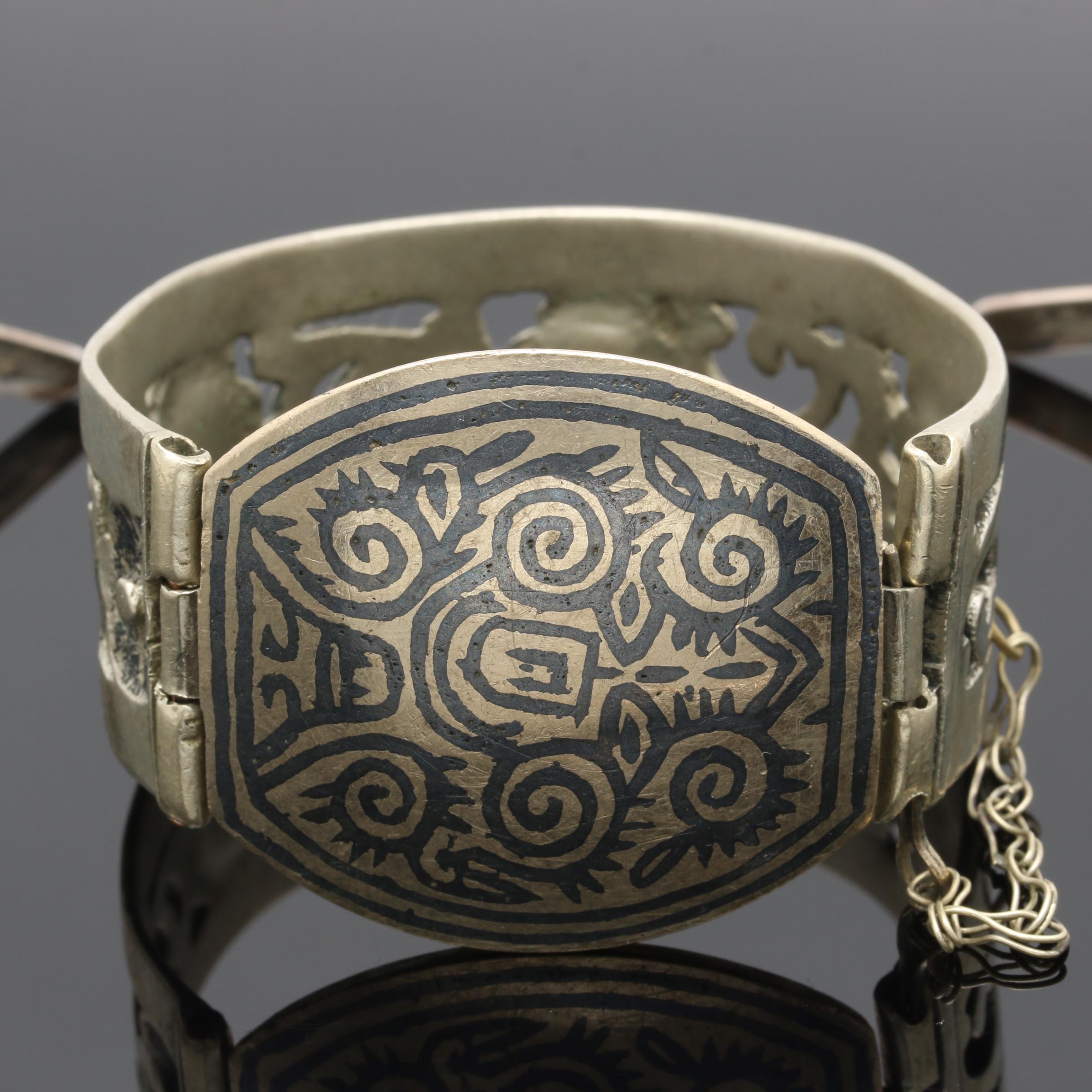 Sterling Silver and Silver Tone Niello Bangle Bracelet and Collar Necklace