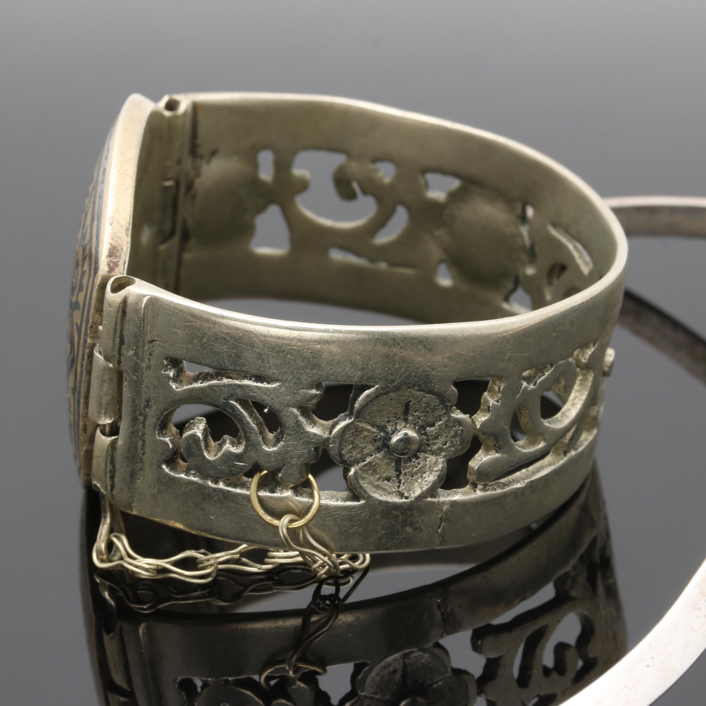 Sterling Silver and Silver Tone Niello Bangle Bracelet and Collar Necklace