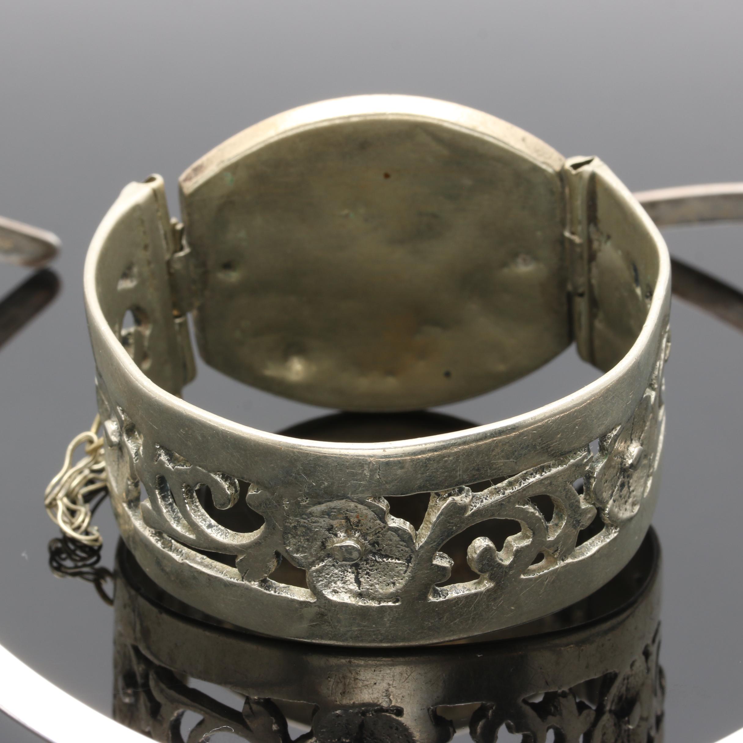 Sterling Silver and Silver Tone Niello Bangle Bracelet and Collar Necklace