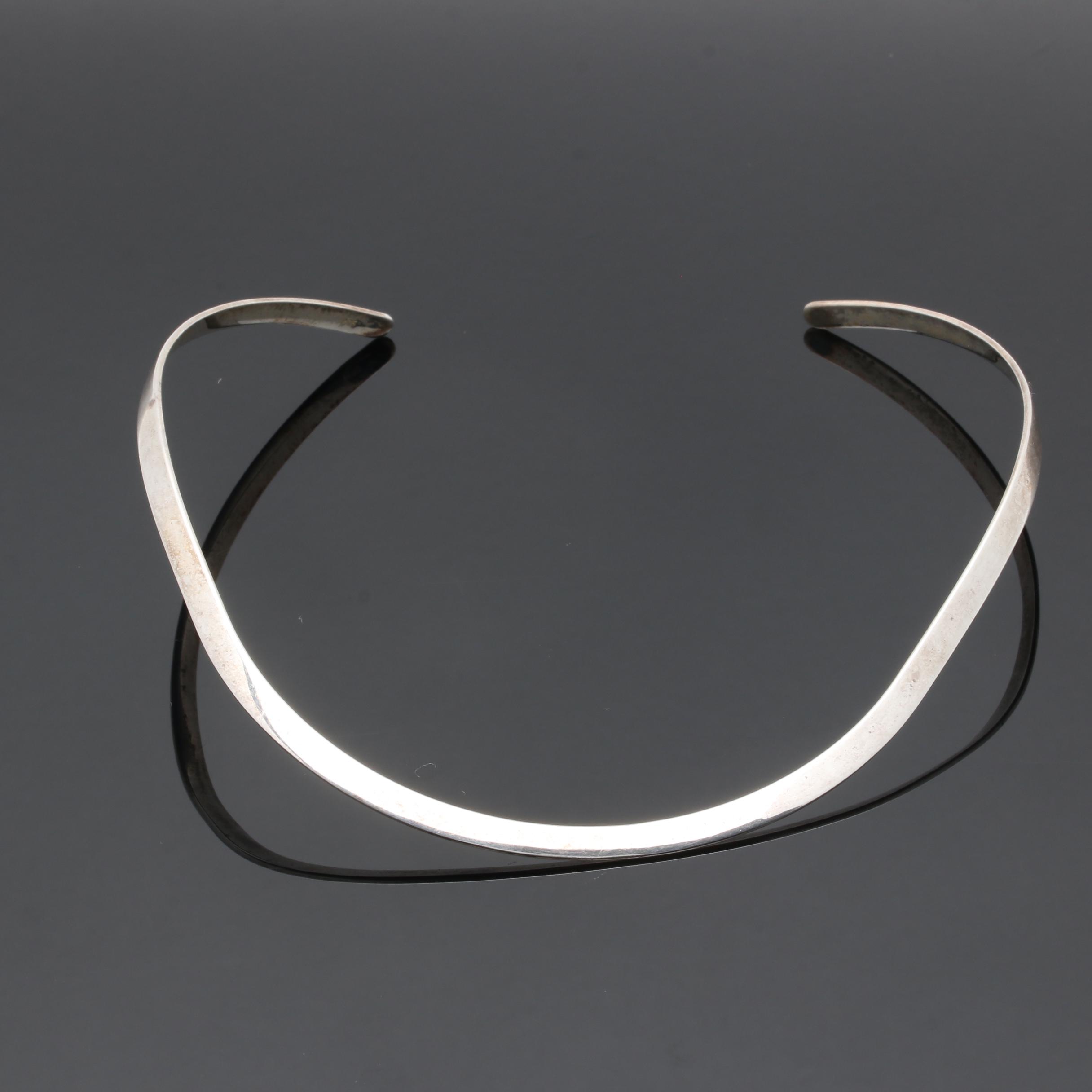 Sterling Silver and Silver Tone Niello Bangle Bracelet and Collar Necklace