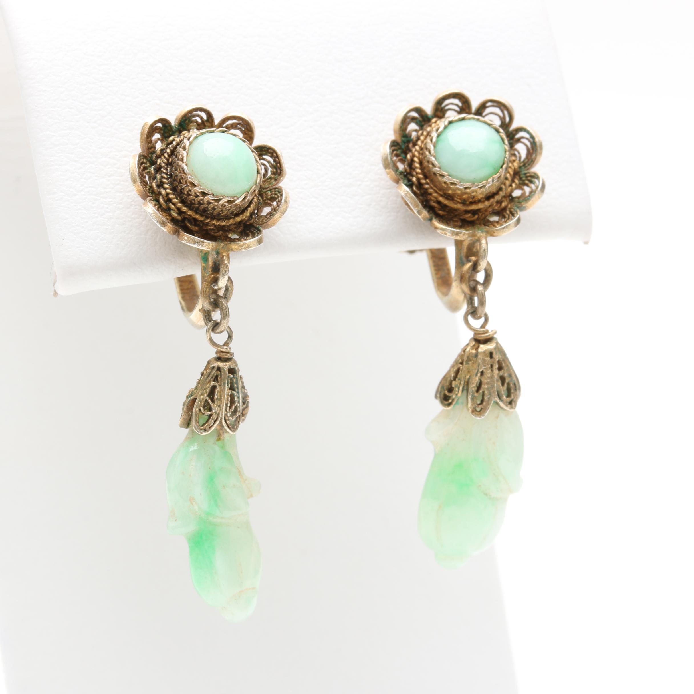 Vintage Sterling Silver Filigree Dyed Jadeite Drop Earrings