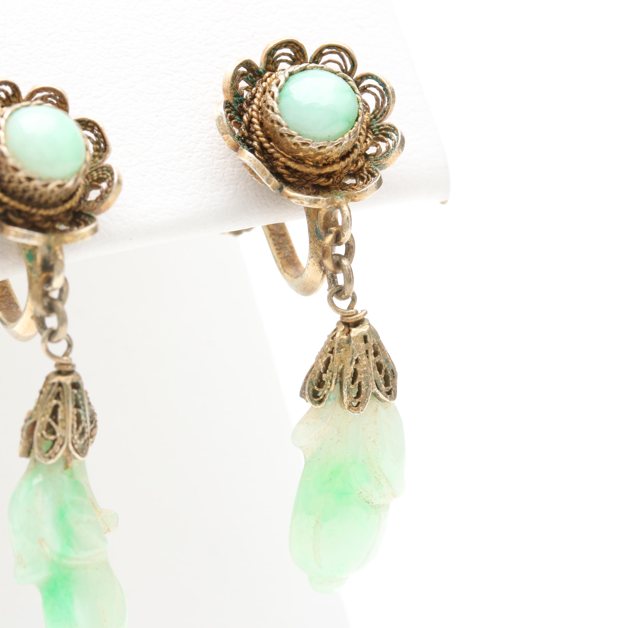 Vintage Sterling Silver Filigree Dyed Jadeite Drop Earrings