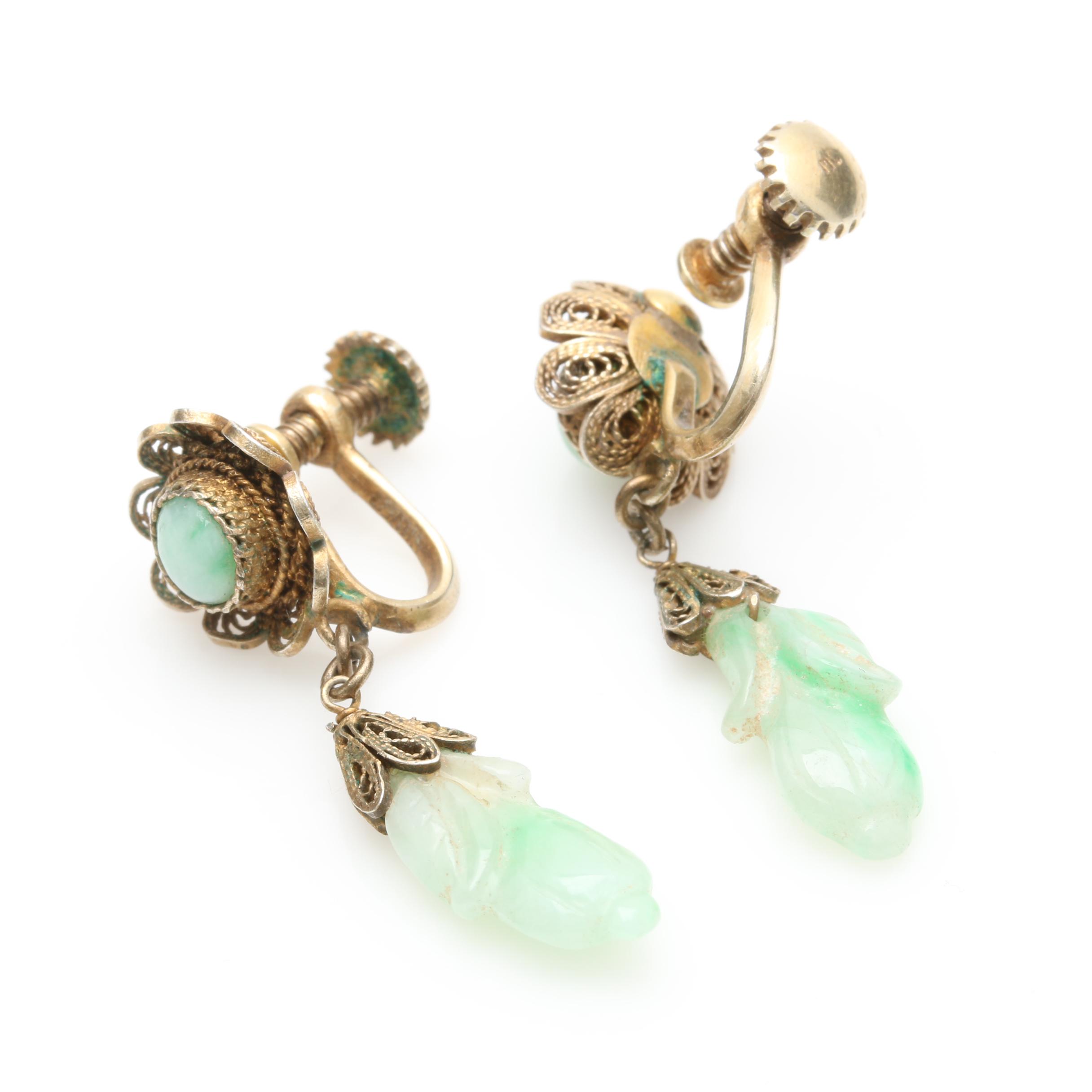 Vintage Sterling Silver Filigree Dyed Jadeite Drop Earrings