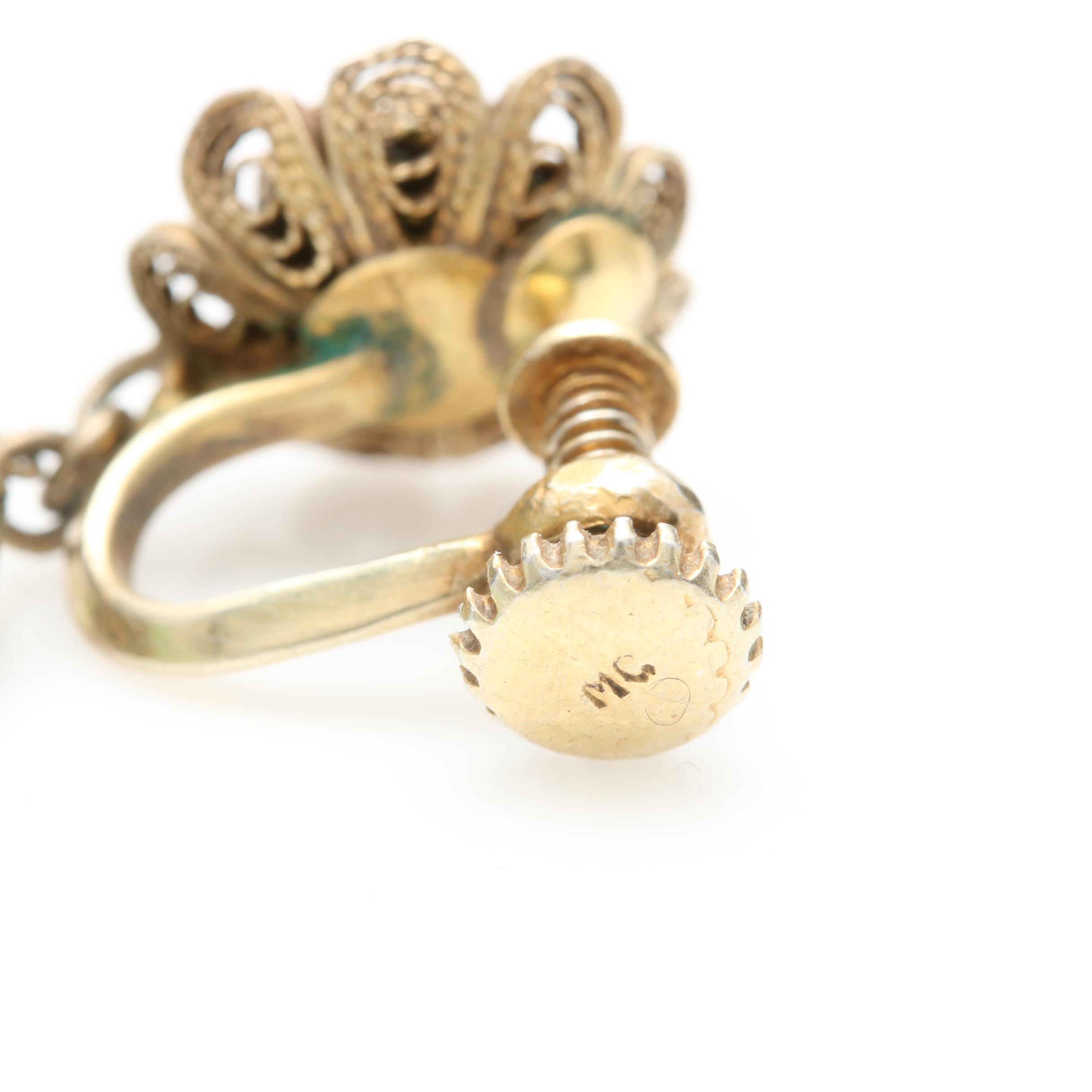 Vintage Sterling Silver Filigree Dyed Jadeite Drop Earrings