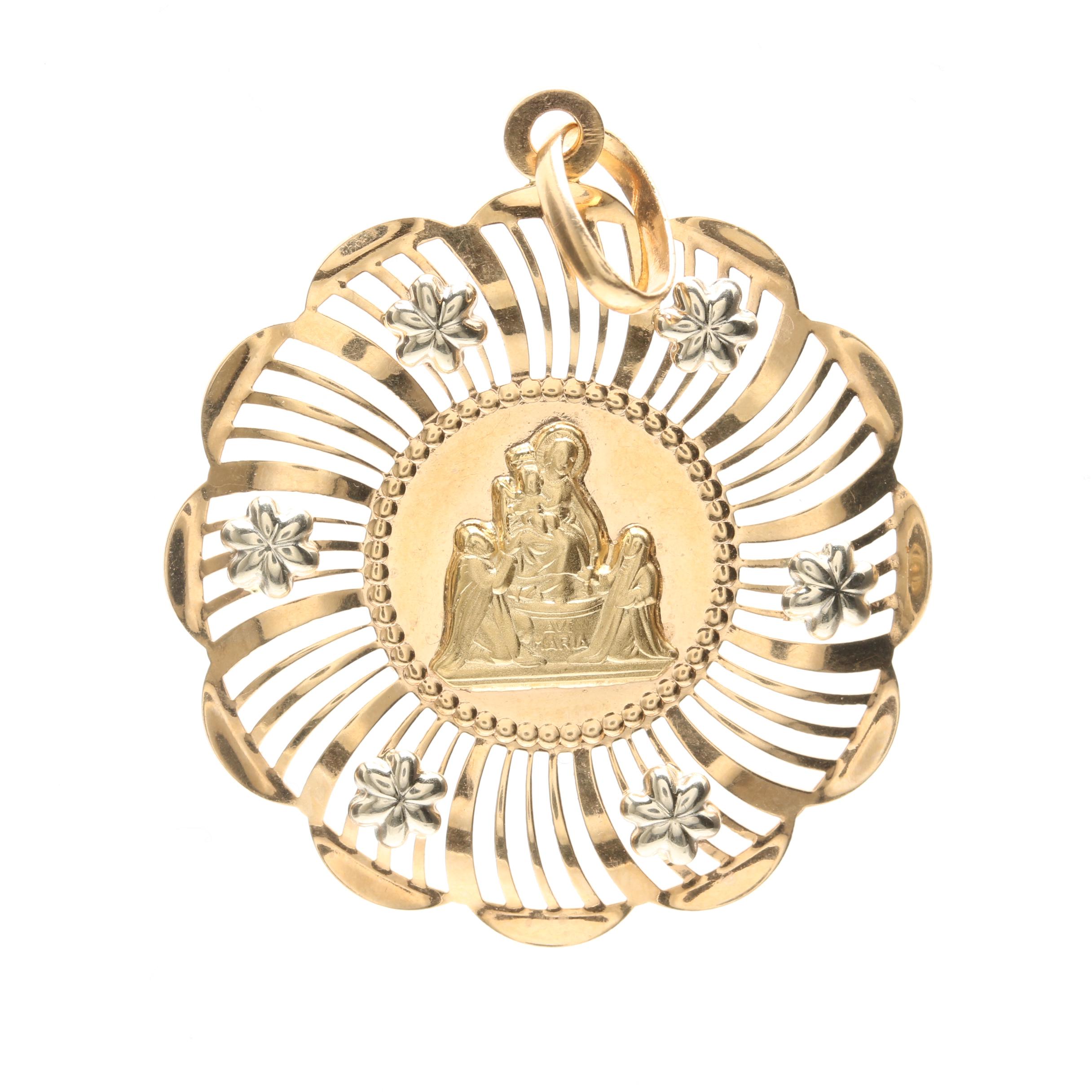 18K Yellow Gold Mary and Christ Child "Ave Maria" Pendant