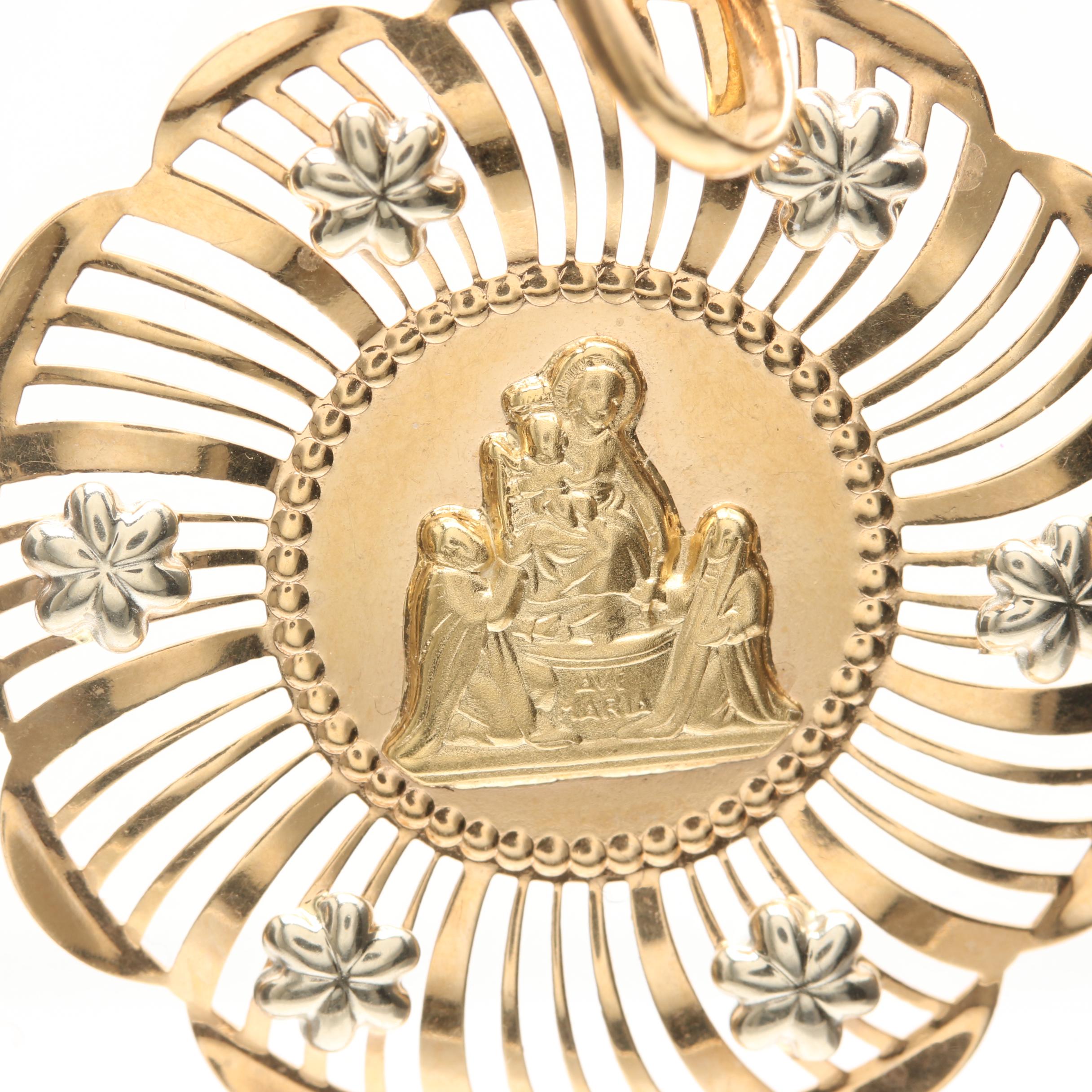 18K Yellow Gold Mary and Christ Child "Ave Maria" Pendant