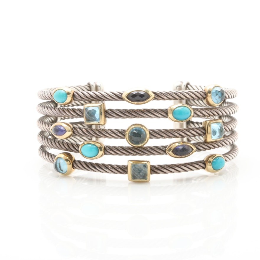 David Yurman Sterling Silver Topaz and Turquoise Bracelet with 18K Yellow Gold