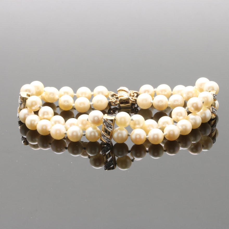 14K Yellow Gold Cultured Pearl and Diamond Bracelet with 18K Yellow Gold Accent