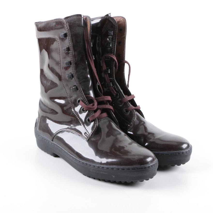 Women's Tod's Brown Patent Leather Lace-Up Boots