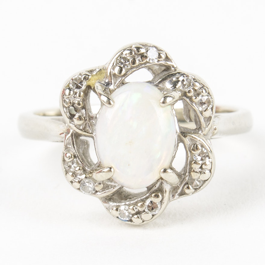 14K White Gold Opal and Diamond Ring