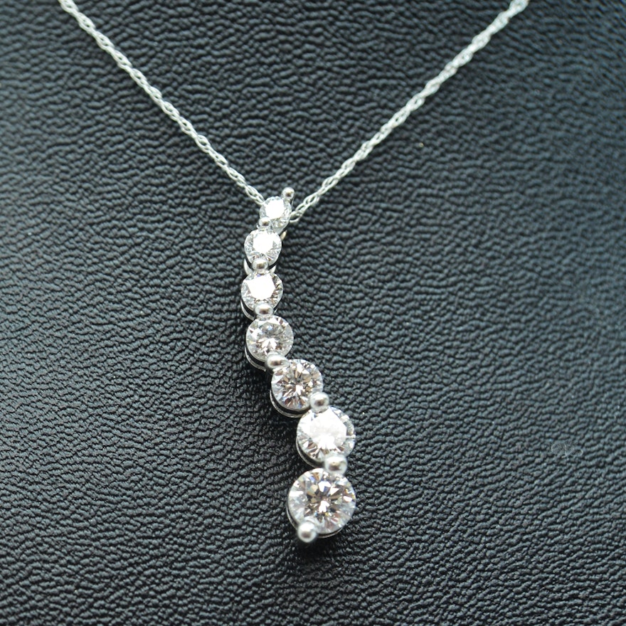 14K White Gold Diamond Drop Pendant Necklace