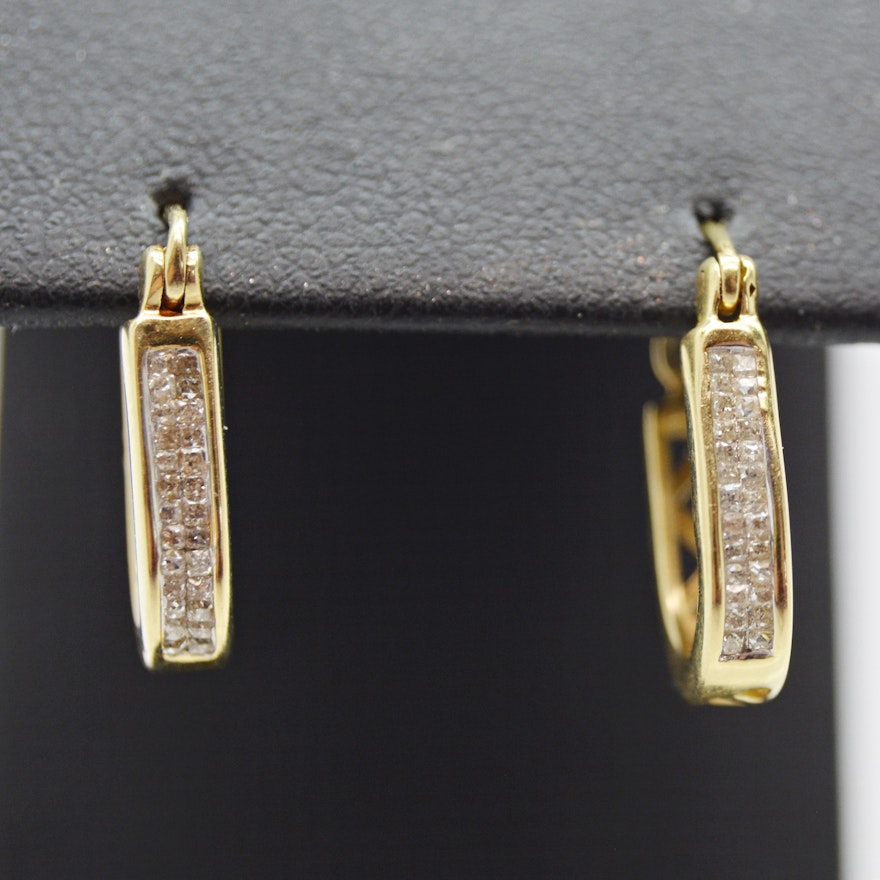 14K Yellow Gold Diamond Hoop Earrings