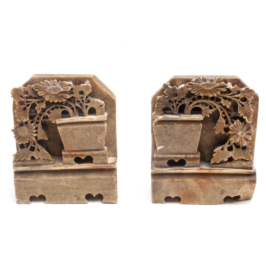 Pair of Chinese Carved Floral Motif Soapstone Bookends