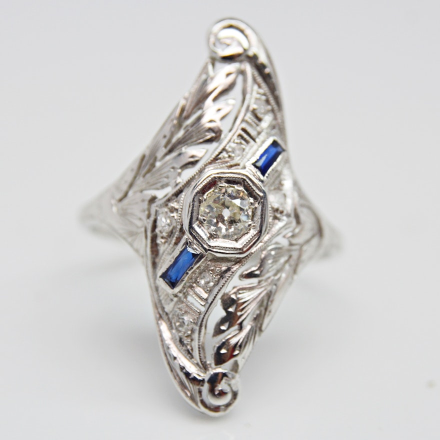 18K White Gold Diamond and Synthetic Sapphire Ring