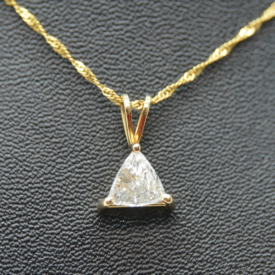 14K Yellow Gold 0.58 CT Trillion Diamond Pendant Necklace