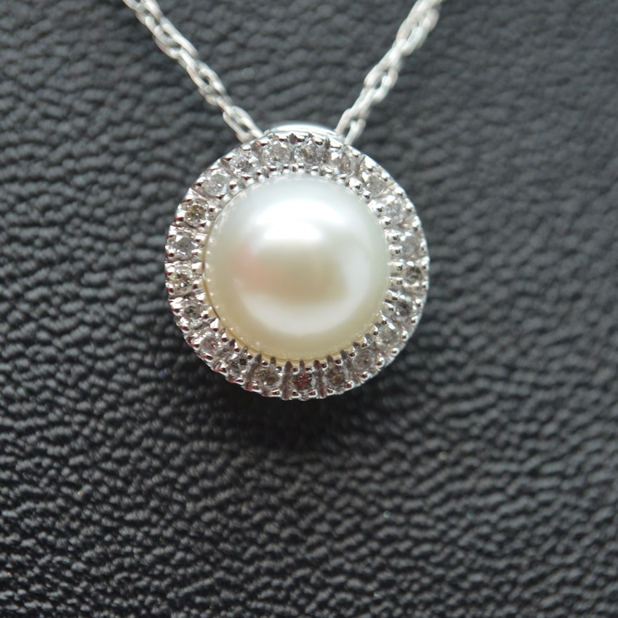 10K White Gold Cultured Pearl and Diamond Pendant Necklace