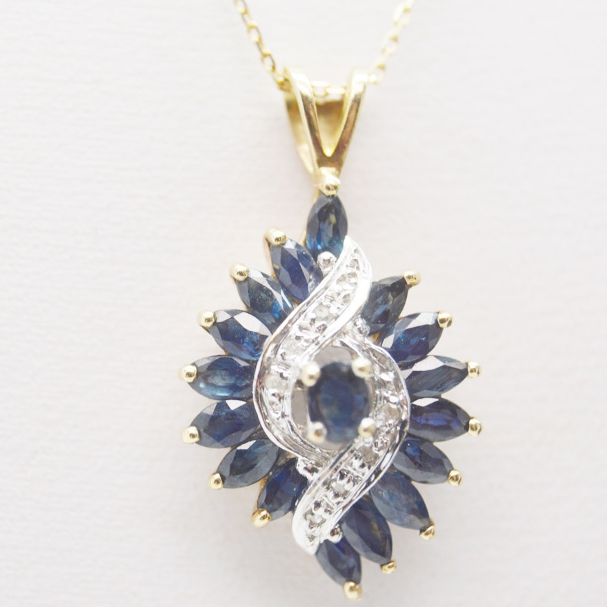 10K Yellow and White Gold Sapphire Diamond Pendant On 14K Yellow Gold Necklace