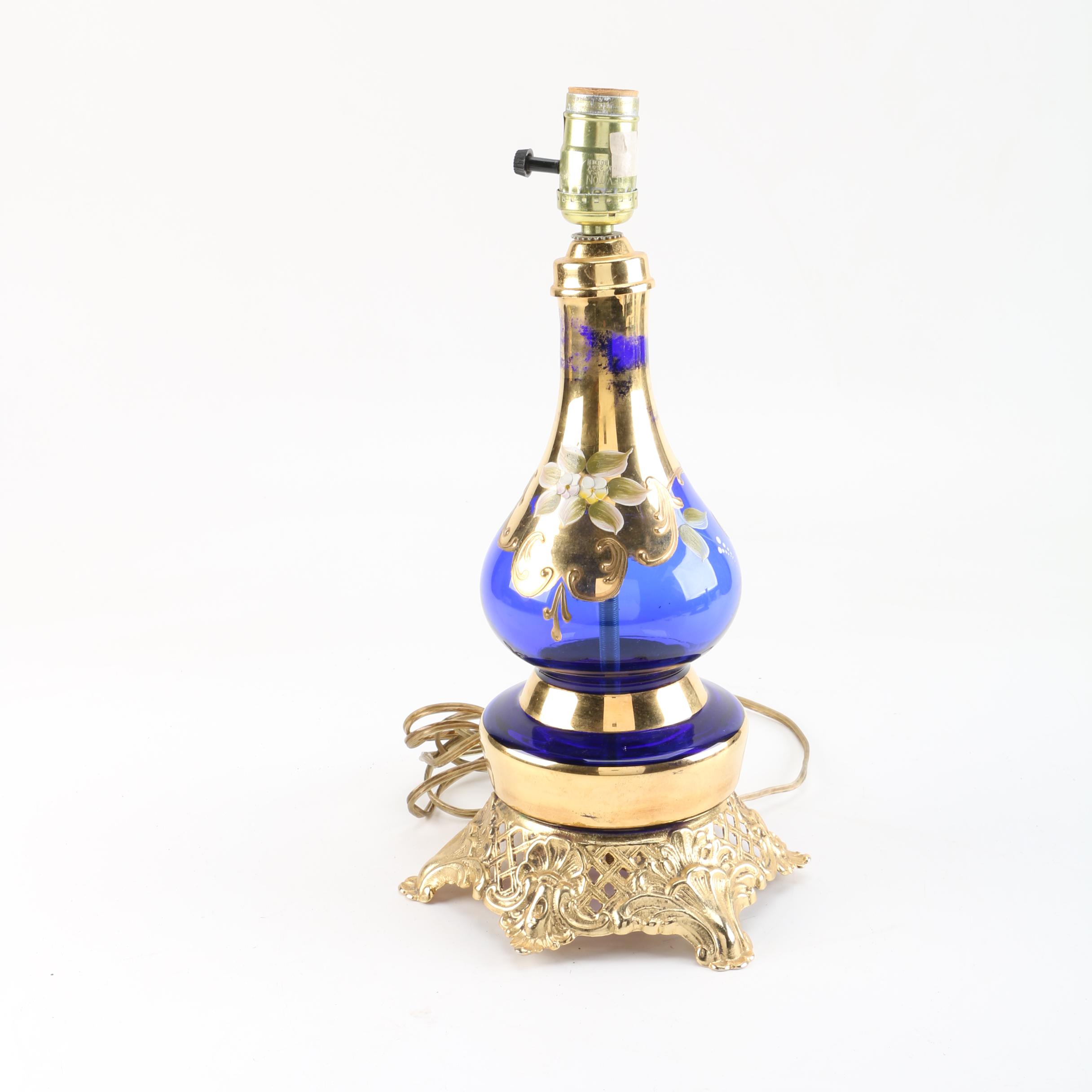Vintage Cobalt Blue Glass Lamp with Painted Flowers