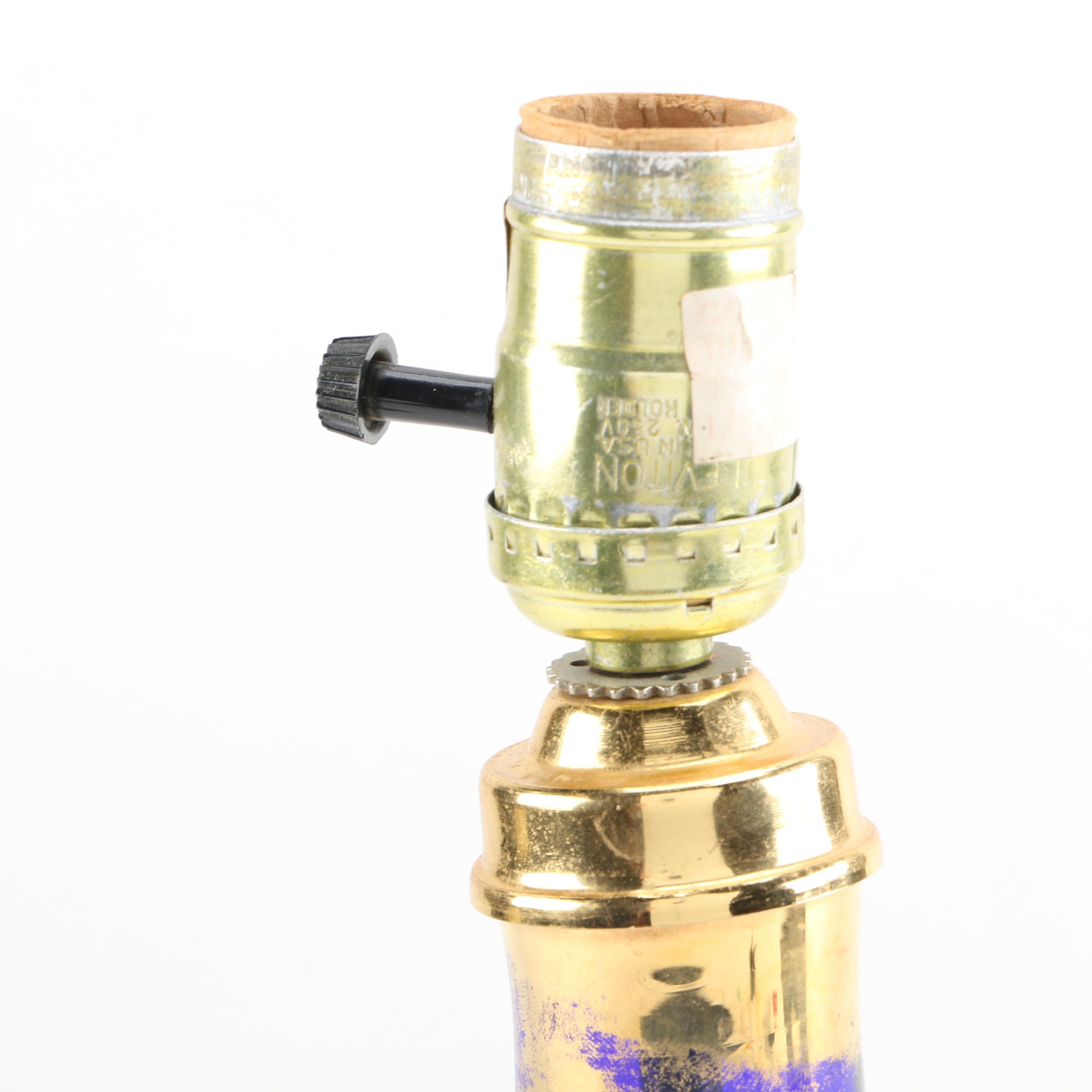 Vintage Cobalt Blue Glass Lamp with Painted Flowers