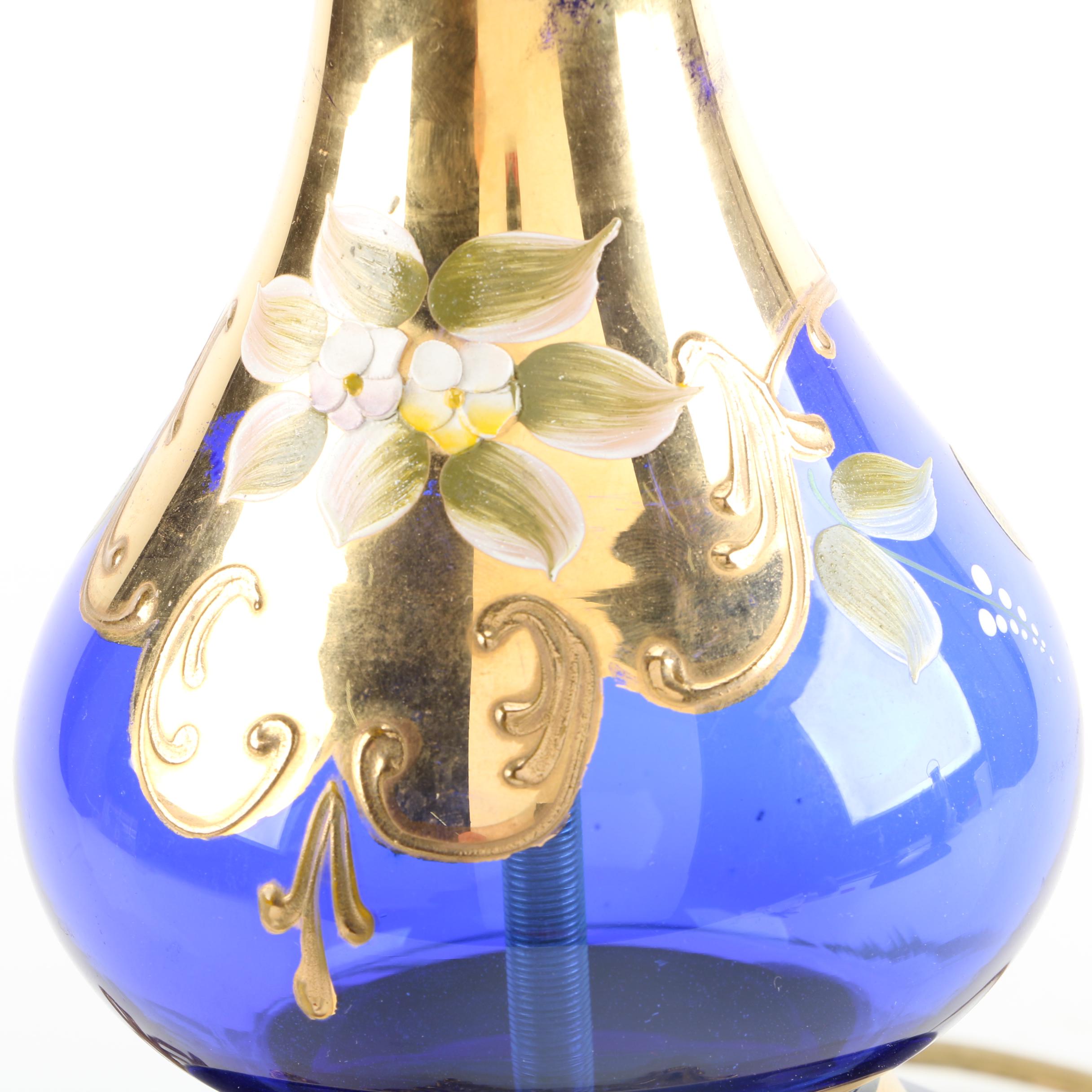Vintage Cobalt Blue Glass Lamp with Painted Flowers