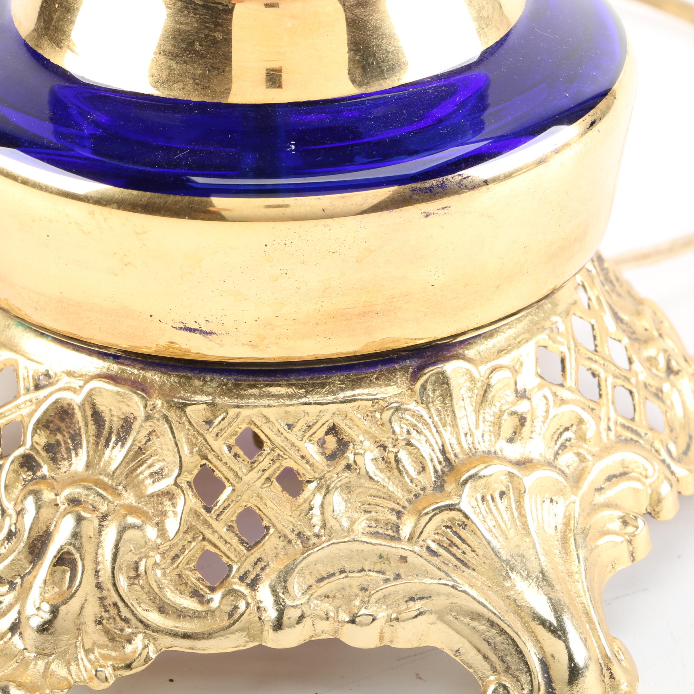 Vintage Cobalt Blue Glass Lamp with Painted Flowers