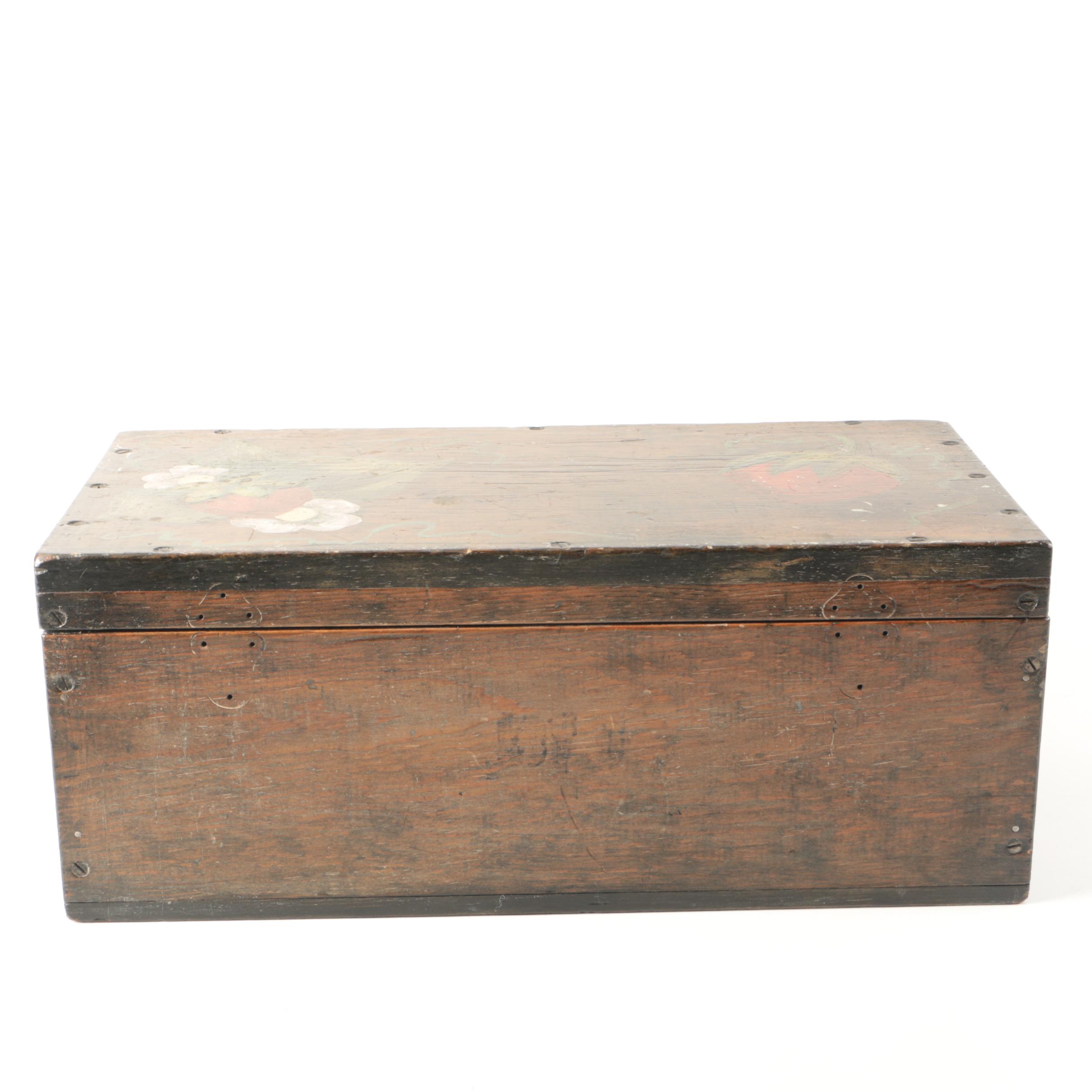Vintage Oak Chest with Hand-Painted Strawberry Motif