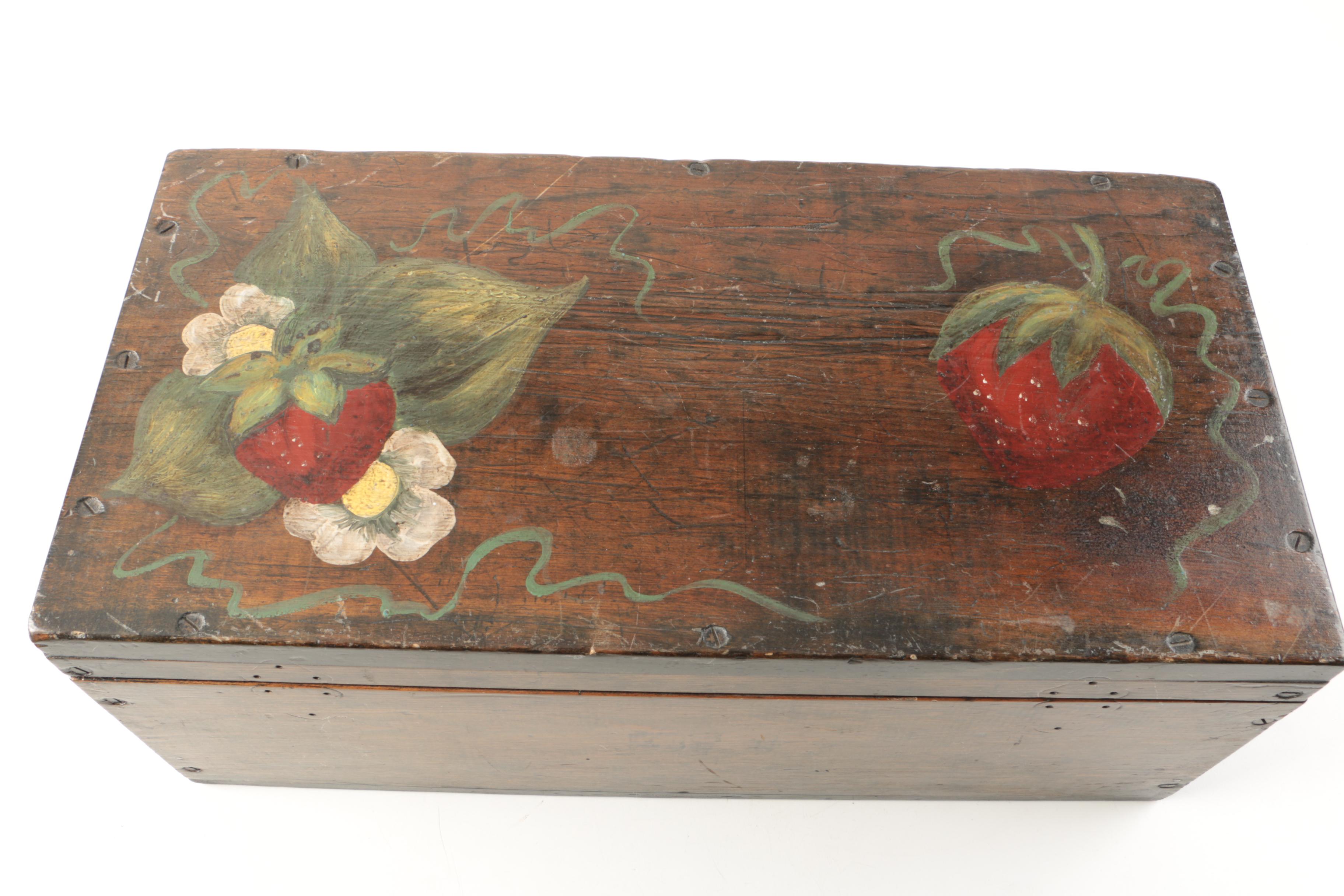 Vintage Oak Chest with Hand-Painted Strawberry Motif