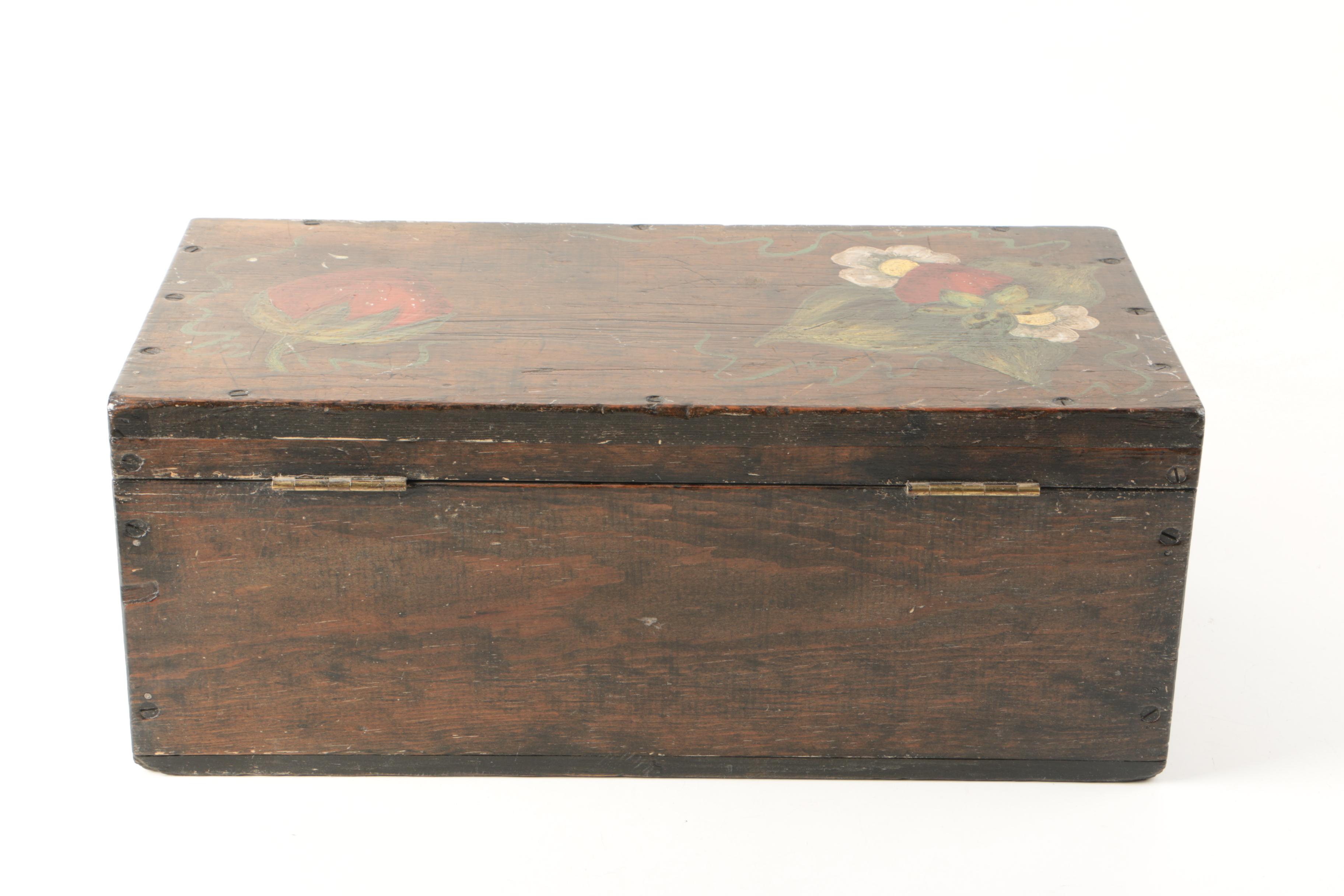 Vintage Oak Chest with Hand-Painted Strawberry Motif