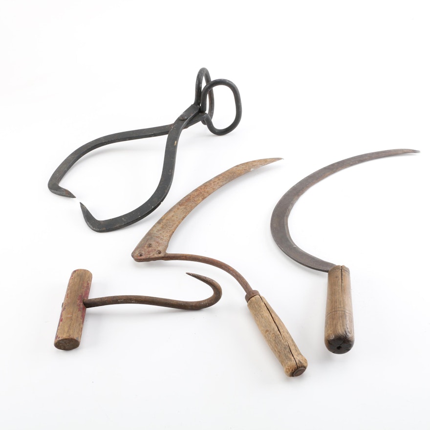 Lifting / Ice Tongs, Hay Hook, Hand Sickle and Hand Scythe