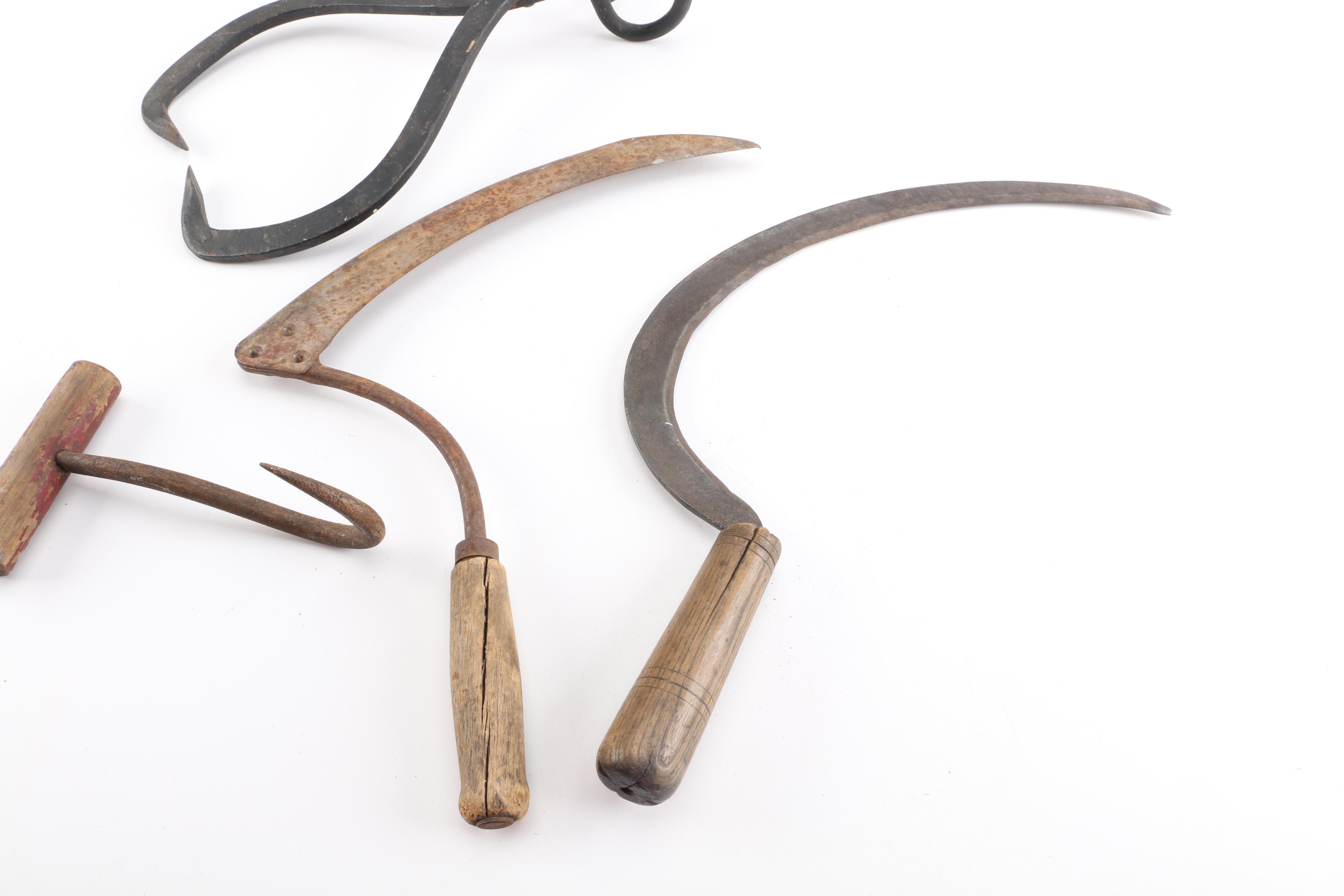 Lifting / Ice Tongs, Hay Hook, Hand Sickle and Hand Scythe