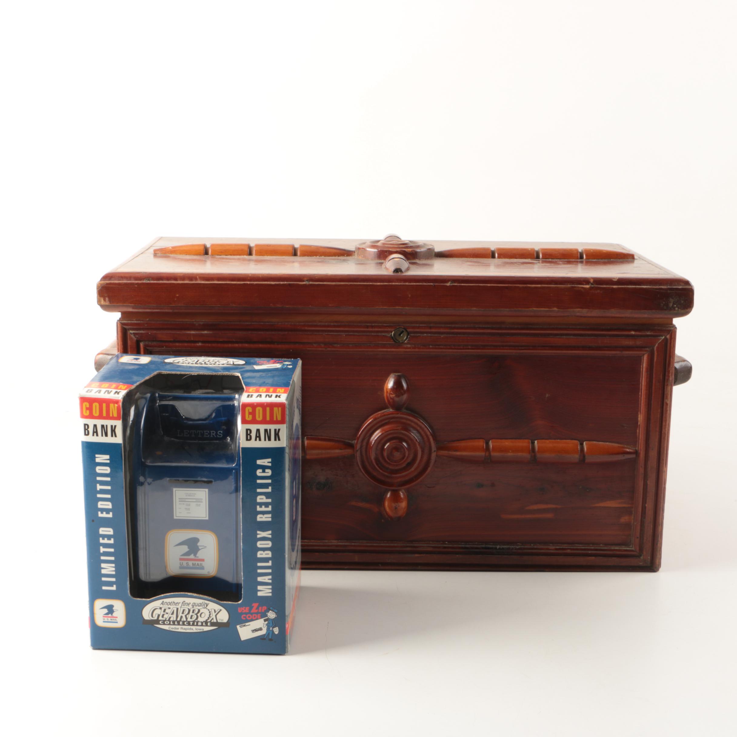 Die-Cast Replica Mailbox Coin Bank and Vintage Wooden Chest