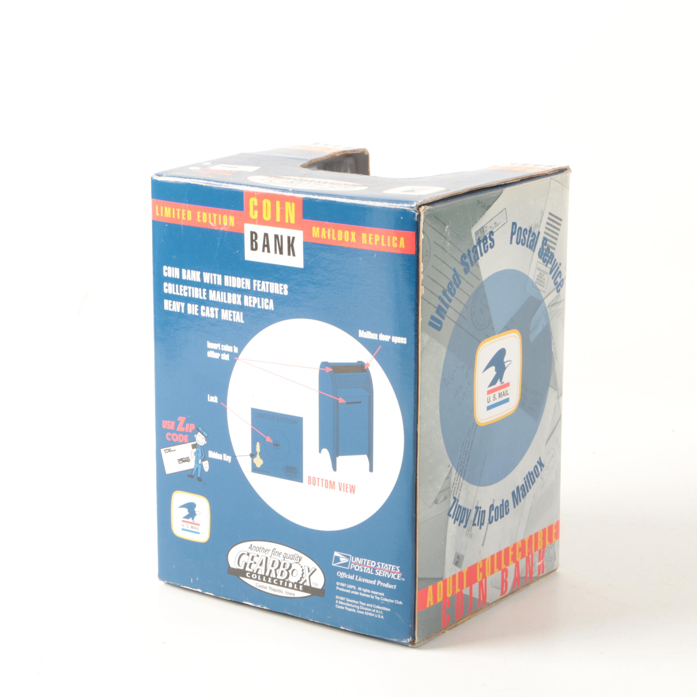 Die-Cast Replica Mailbox Coin Bank and Vintage Wooden Chest