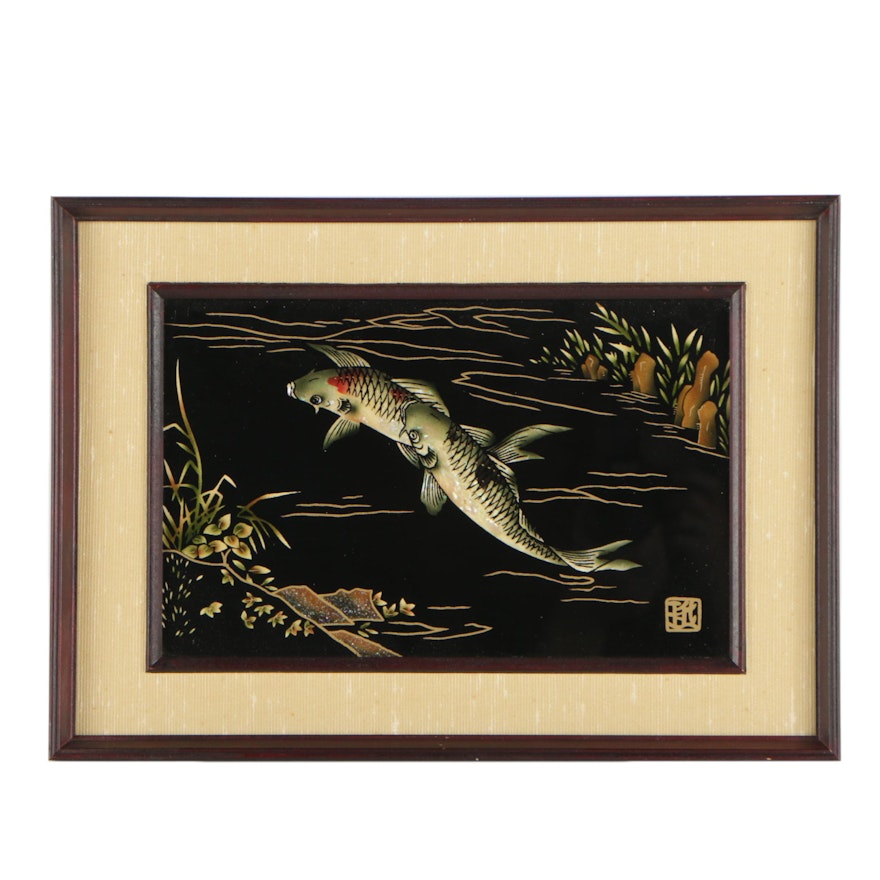 East Asian Reverse Painting on Glass of Koi Fish