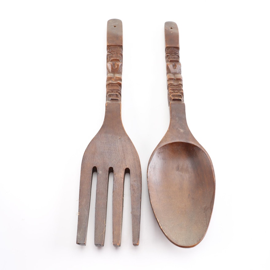 Oversized Carved Wood Decorative Fork and Spoon