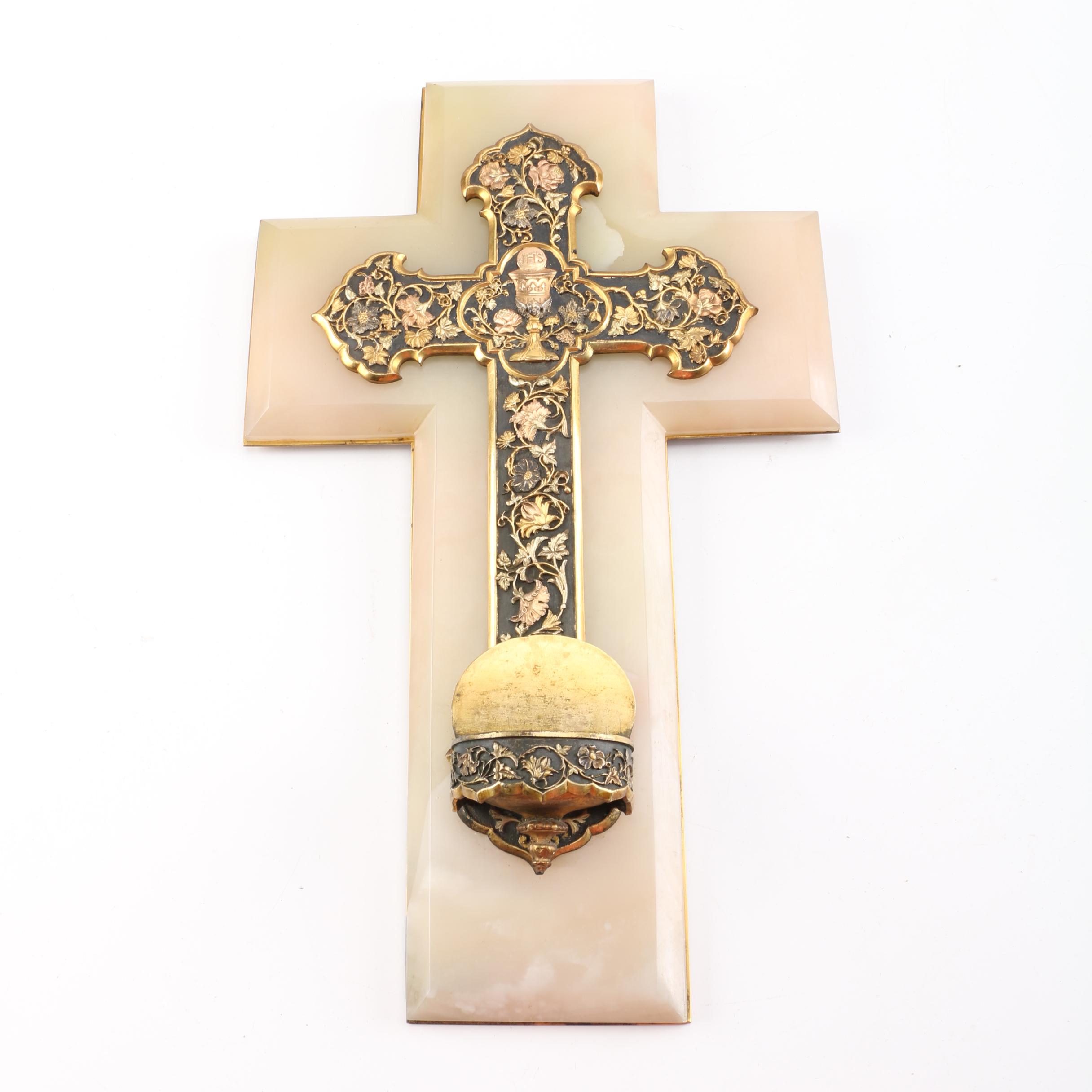 Vintage Calcite and Brass Wall Cross with Holy Water Font
