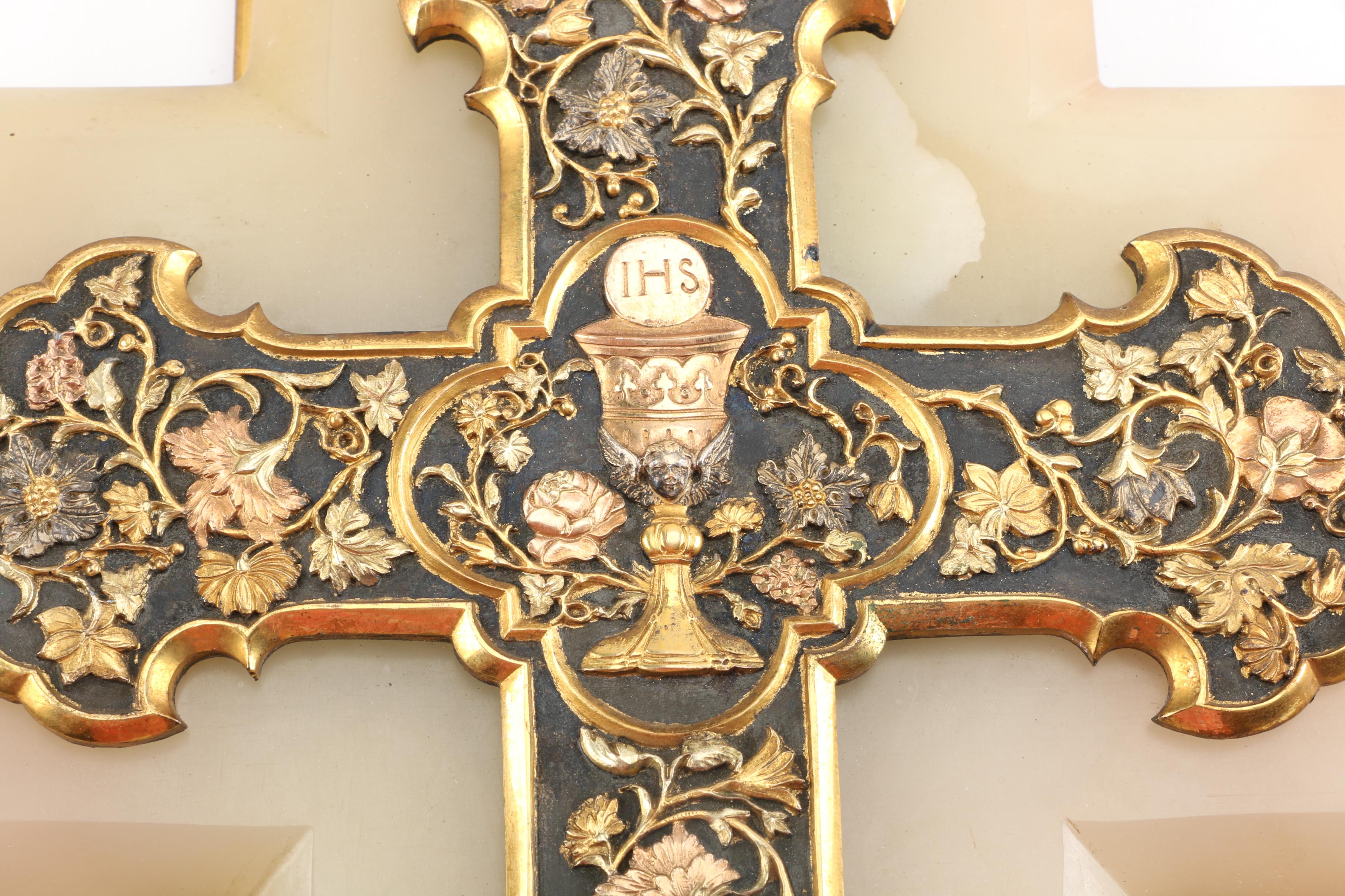 Vintage Calcite and Brass Wall Cross with Holy Water Font