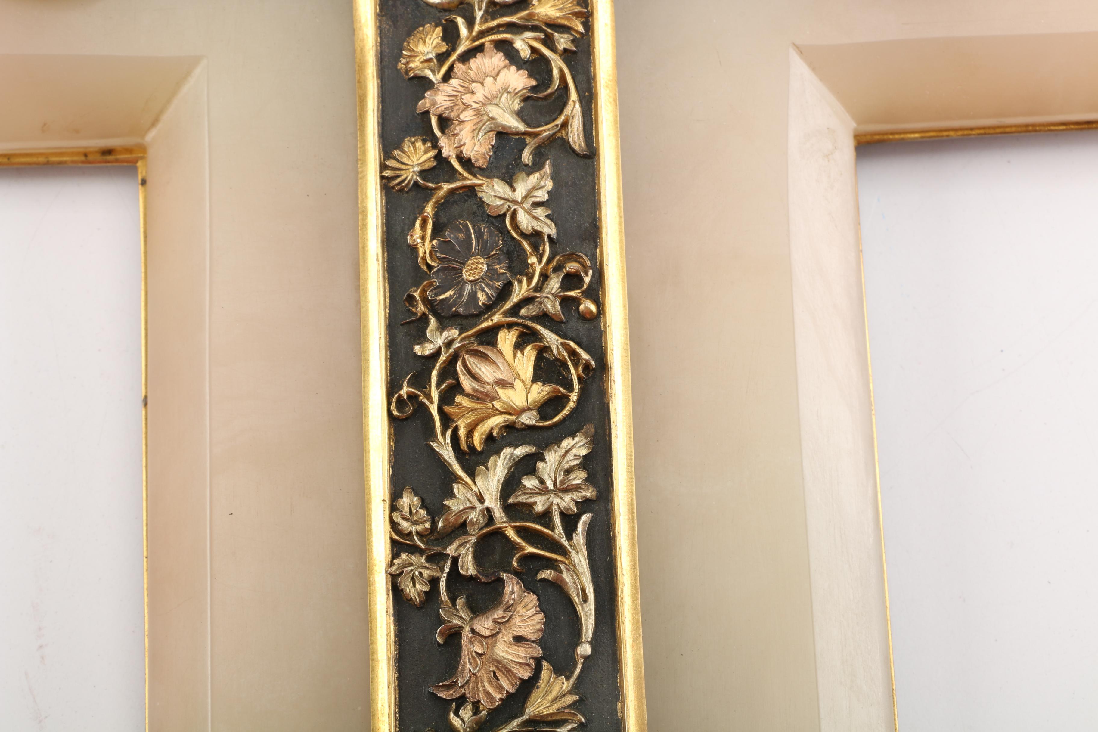 Vintage Calcite and Brass Wall Cross with Holy Water Font