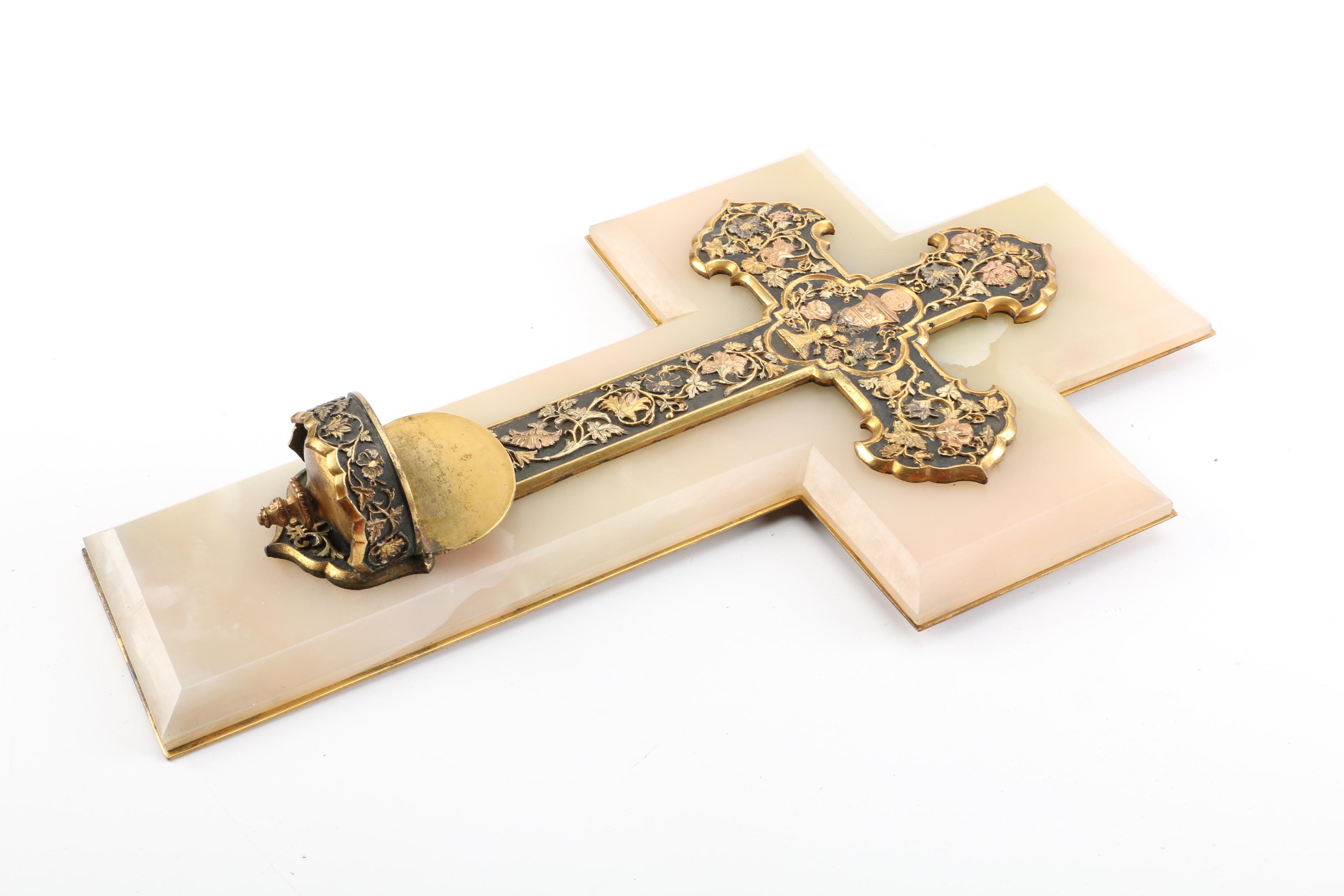 Vintage Calcite and Brass Wall Cross with Holy Water Font