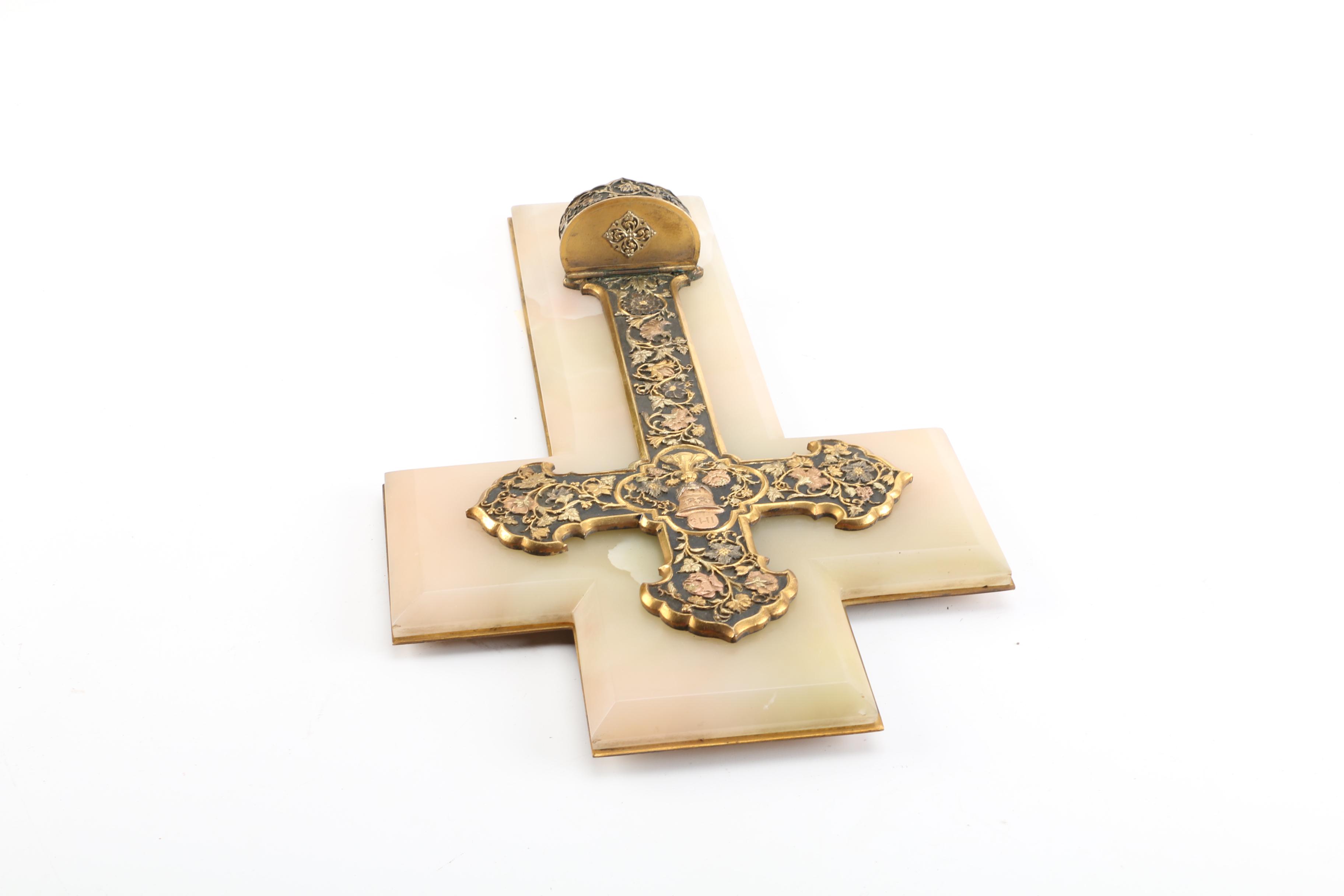 Vintage Calcite and Brass Wall Cross with Holy Water Font