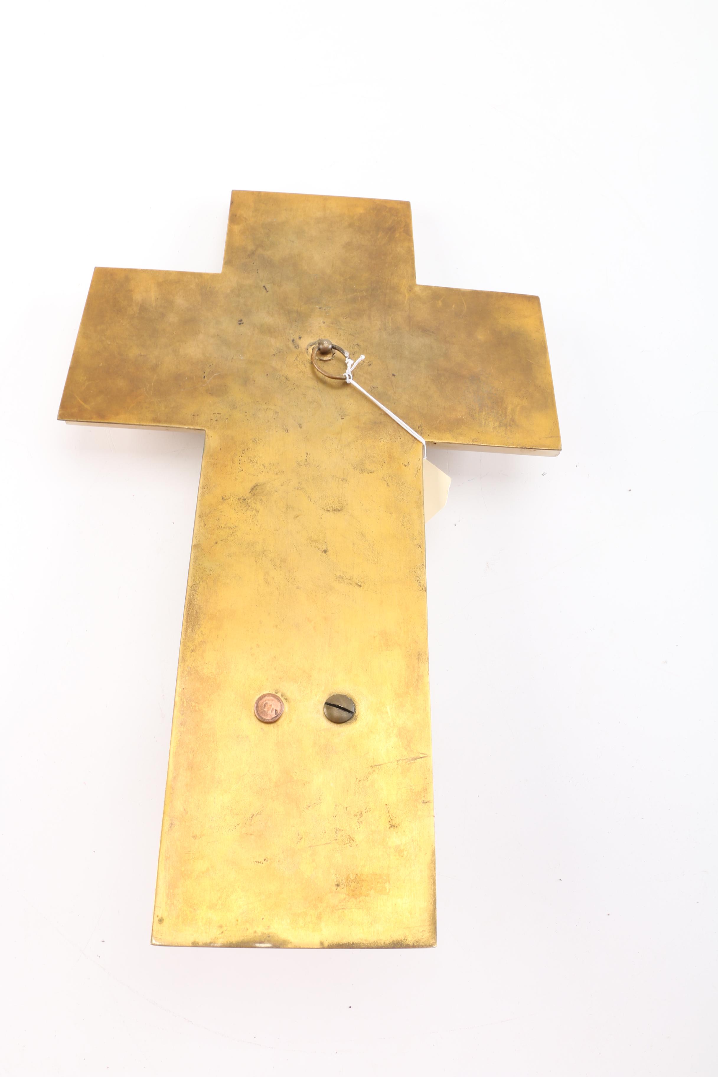 Vintage Calcite and Brass Wall Cross with Holy Water Font