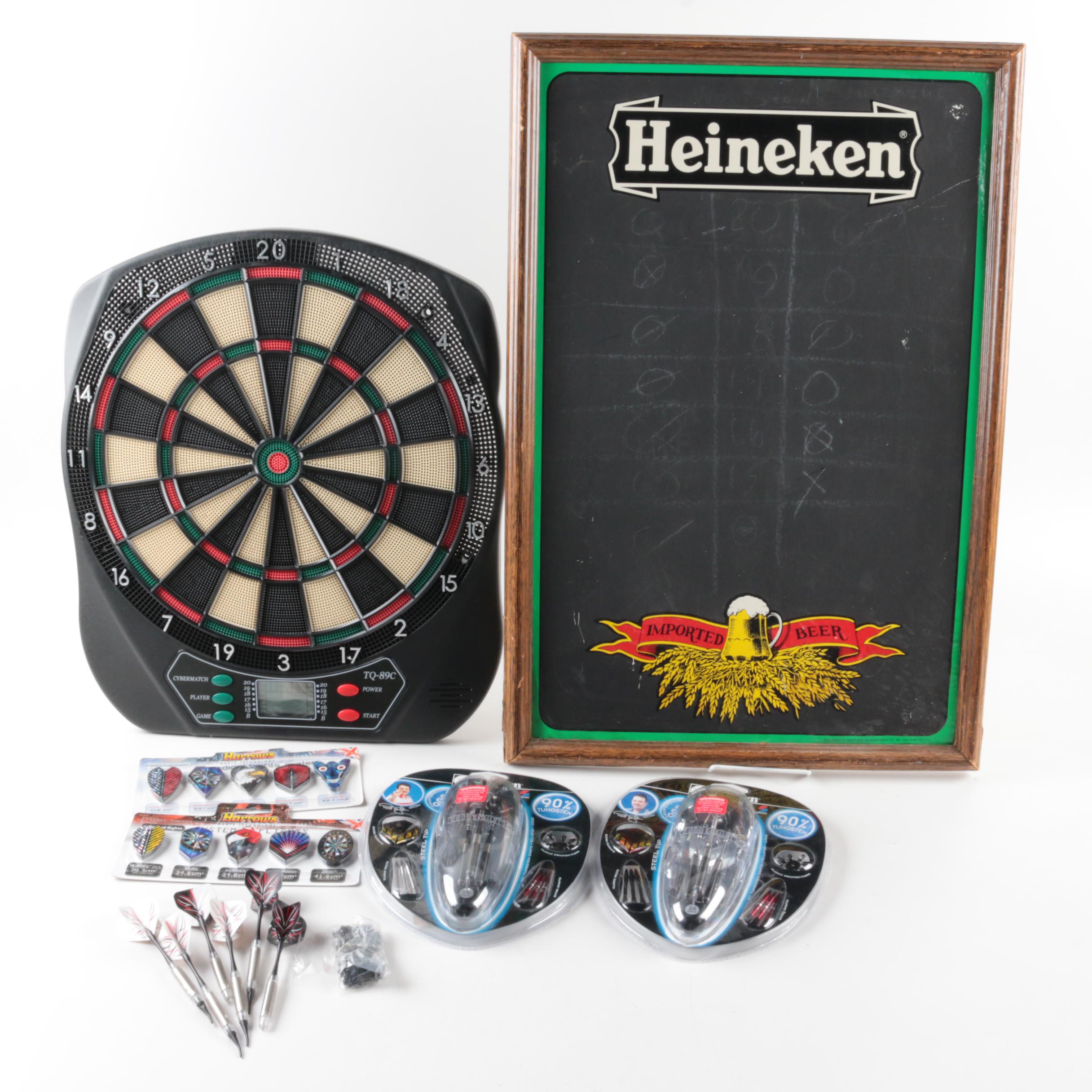Cybermatch Electronic Dartboard, Heineken Chalkboard, and Unicorn Darts
