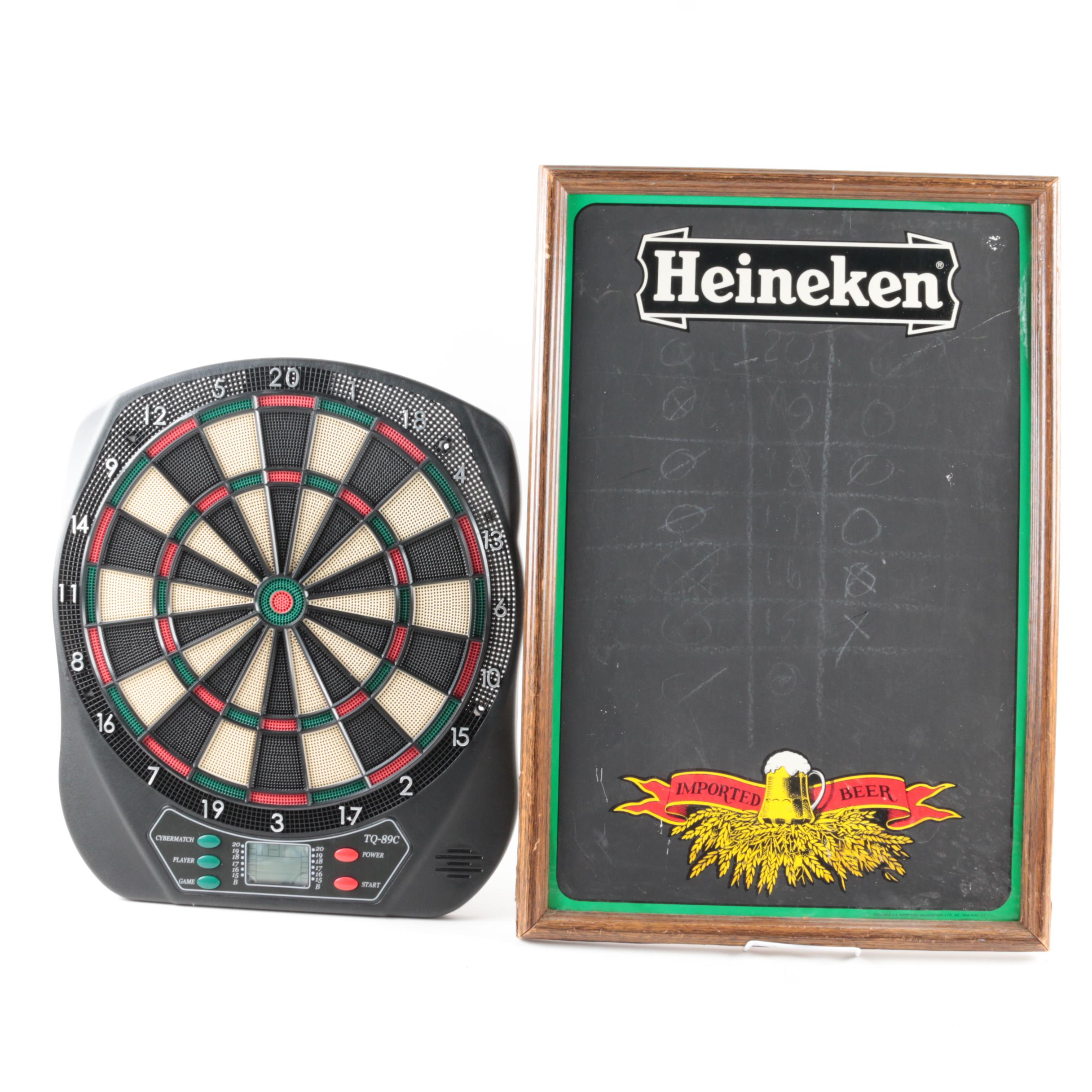 Cybermatch Electronic Dartboard, Heineken Chalkboard, and Unicorn Darts