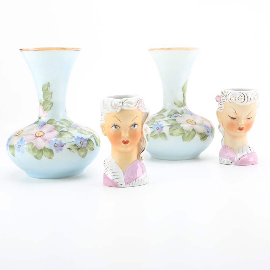 Hand-Painted Milk Glass Vases by Charleton and Ceramic Lady Head Vases