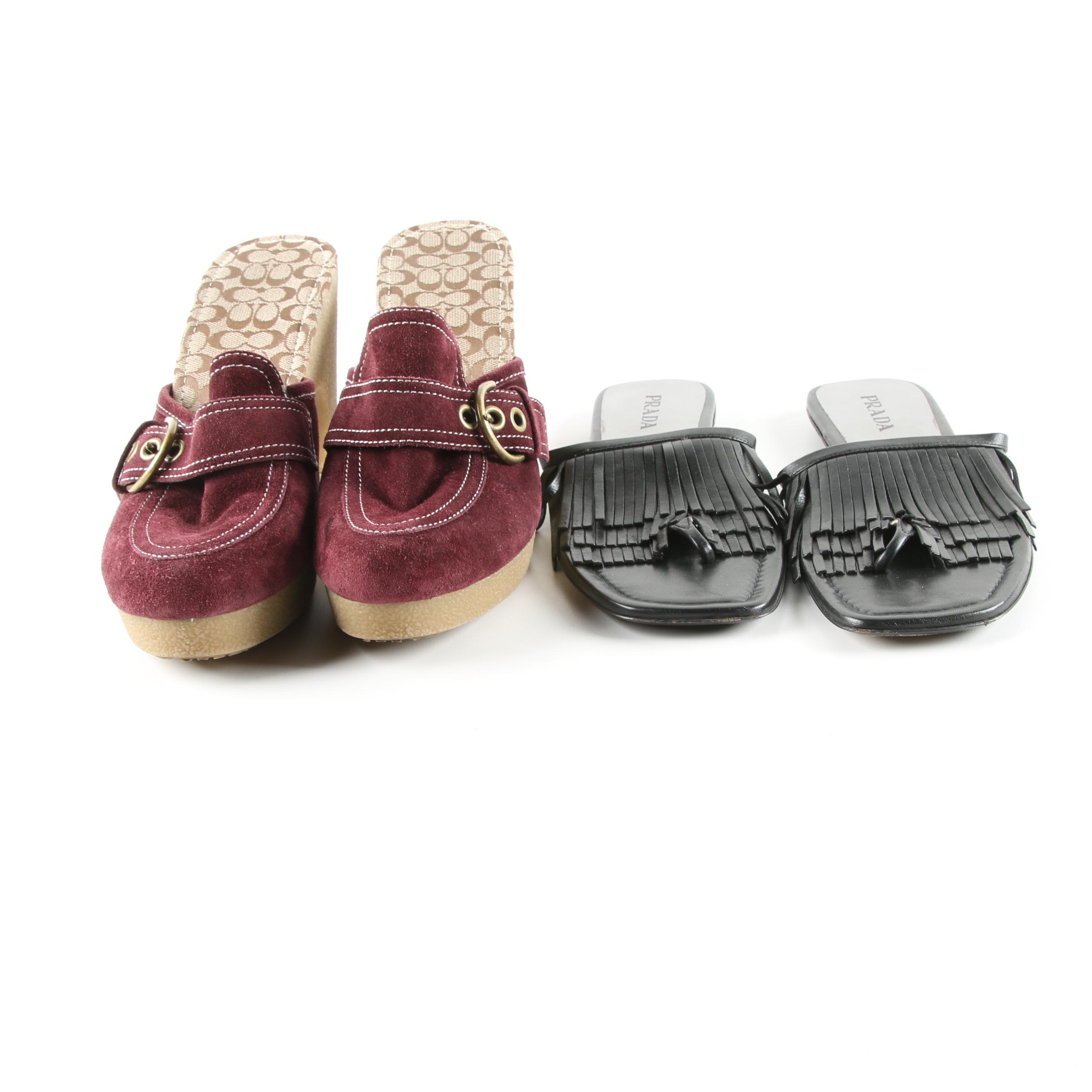 Prada Black Leather Fringe Sandals and Coach Deirdre Merlot Suede Slides