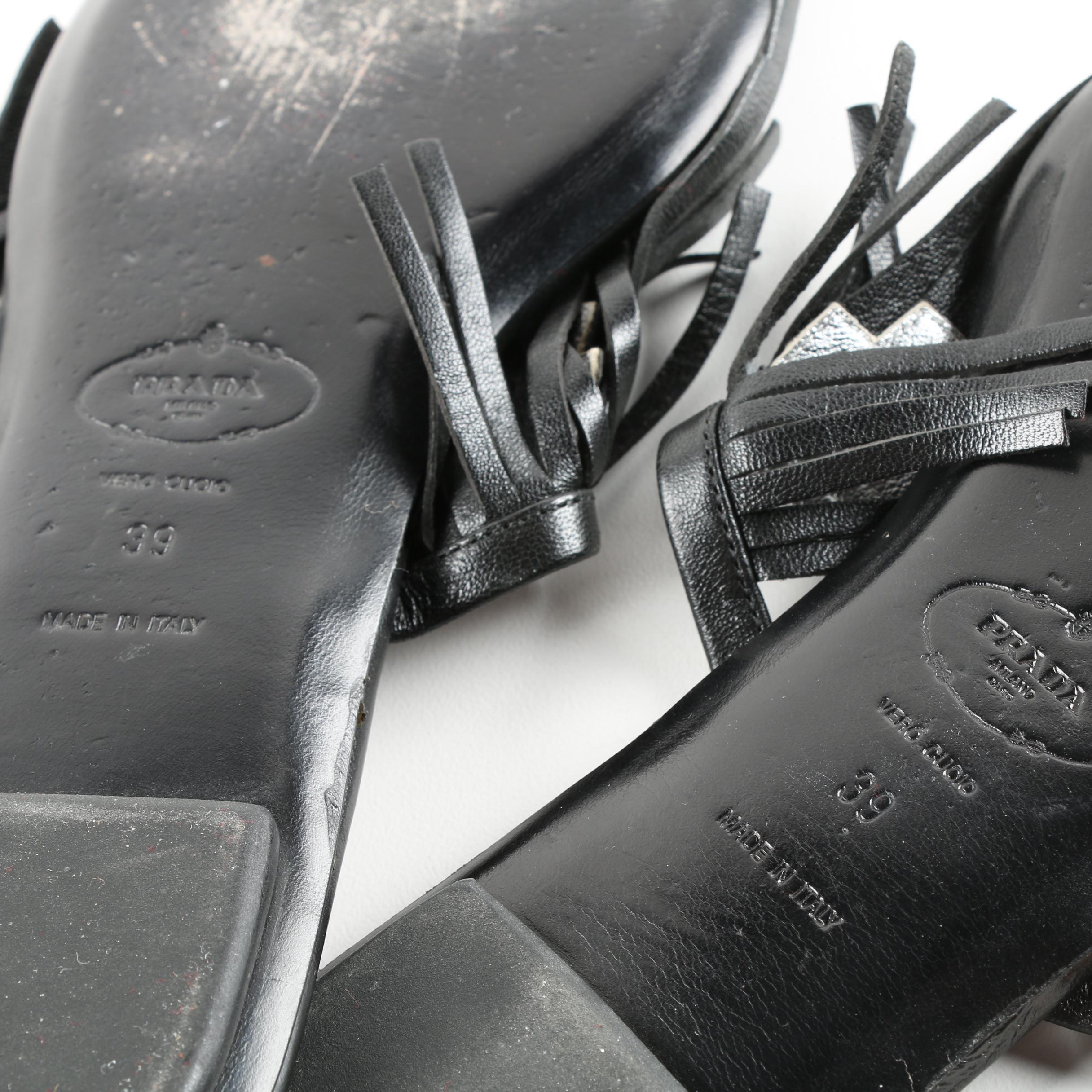 Prada Black Leather Fringe Sandals and Coach Deirdre Merlot Suede Slides