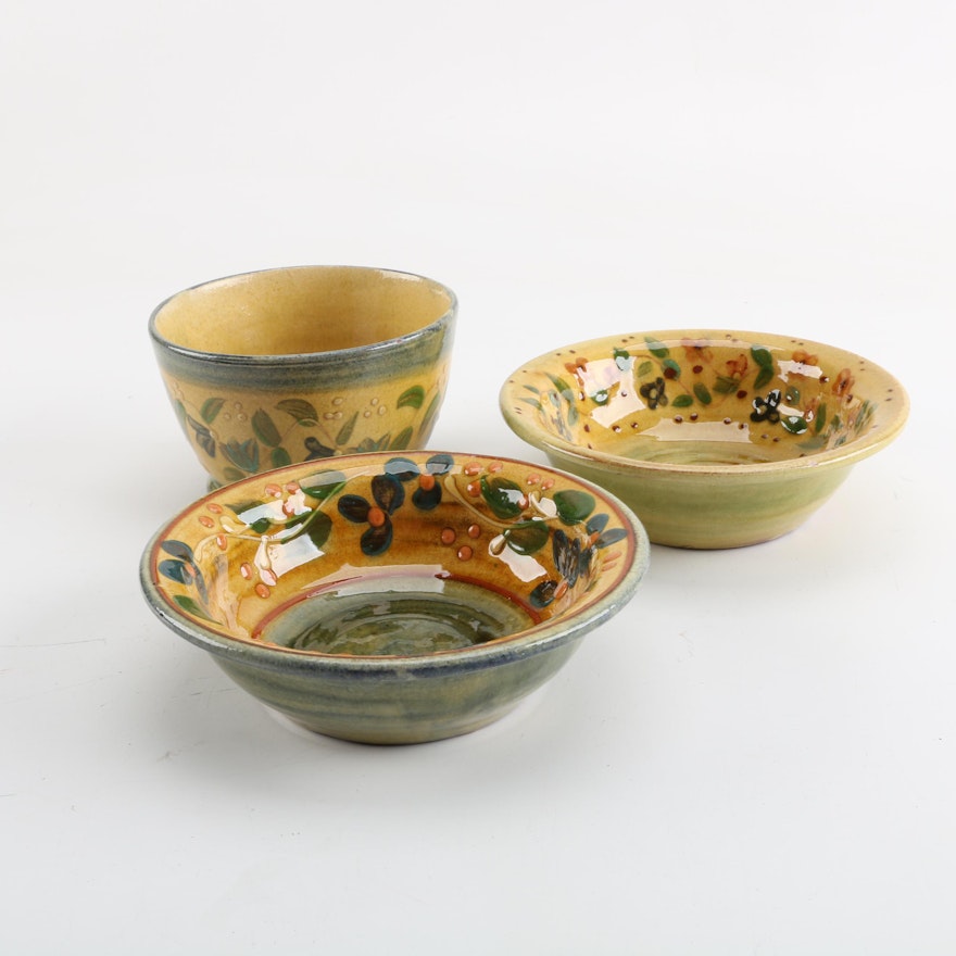 Yellow and Green Glazed Pottery Bowls with Fruit and Flowers