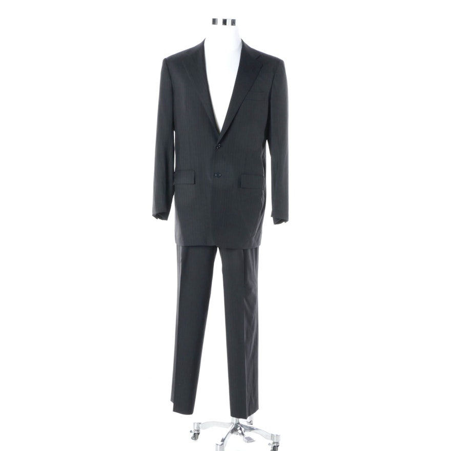 Men's Kiton Single-Breasted Black with Blue Pinstripe Suit