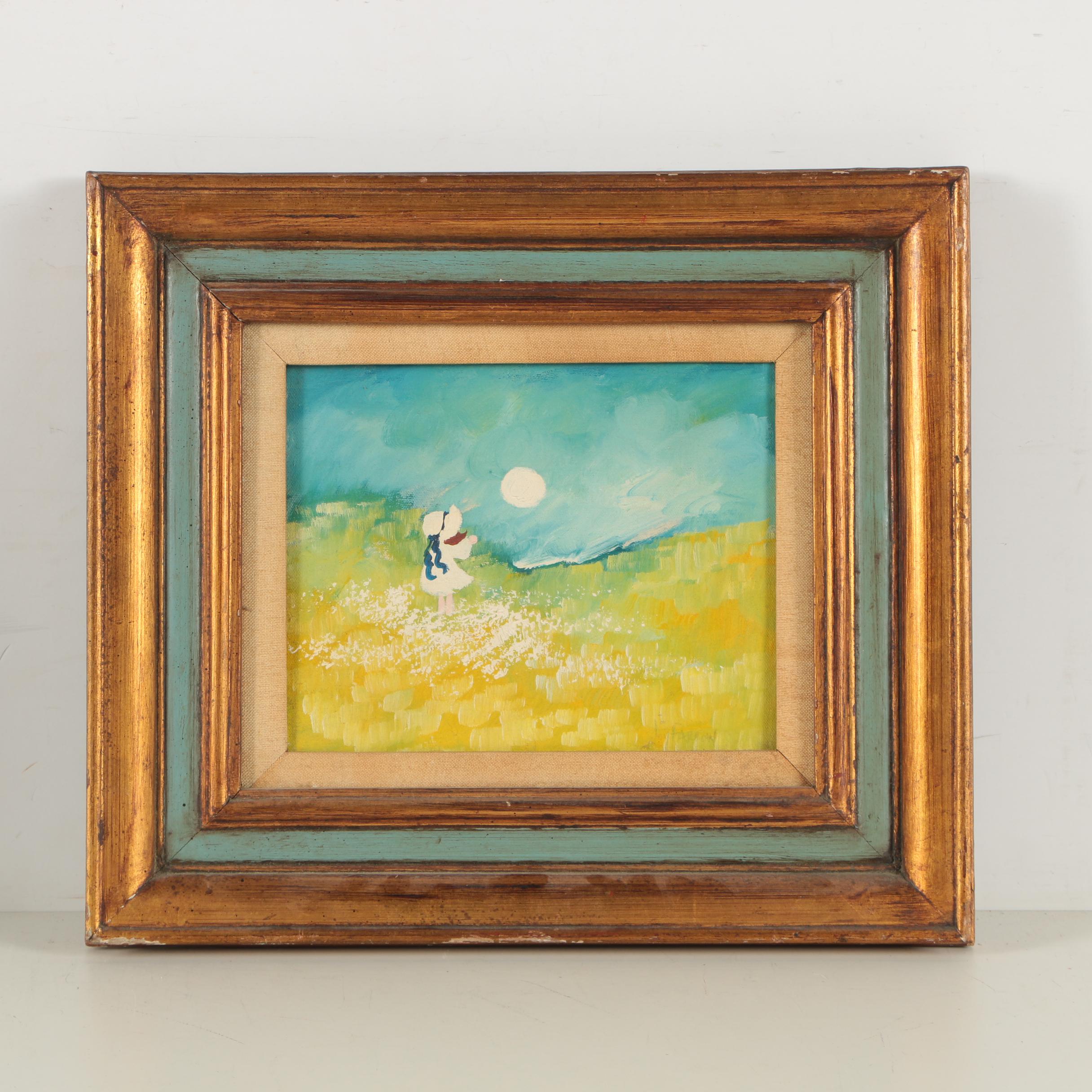 Farron Late 20th Century Oil Painting of Girl Standing in a Golden Field