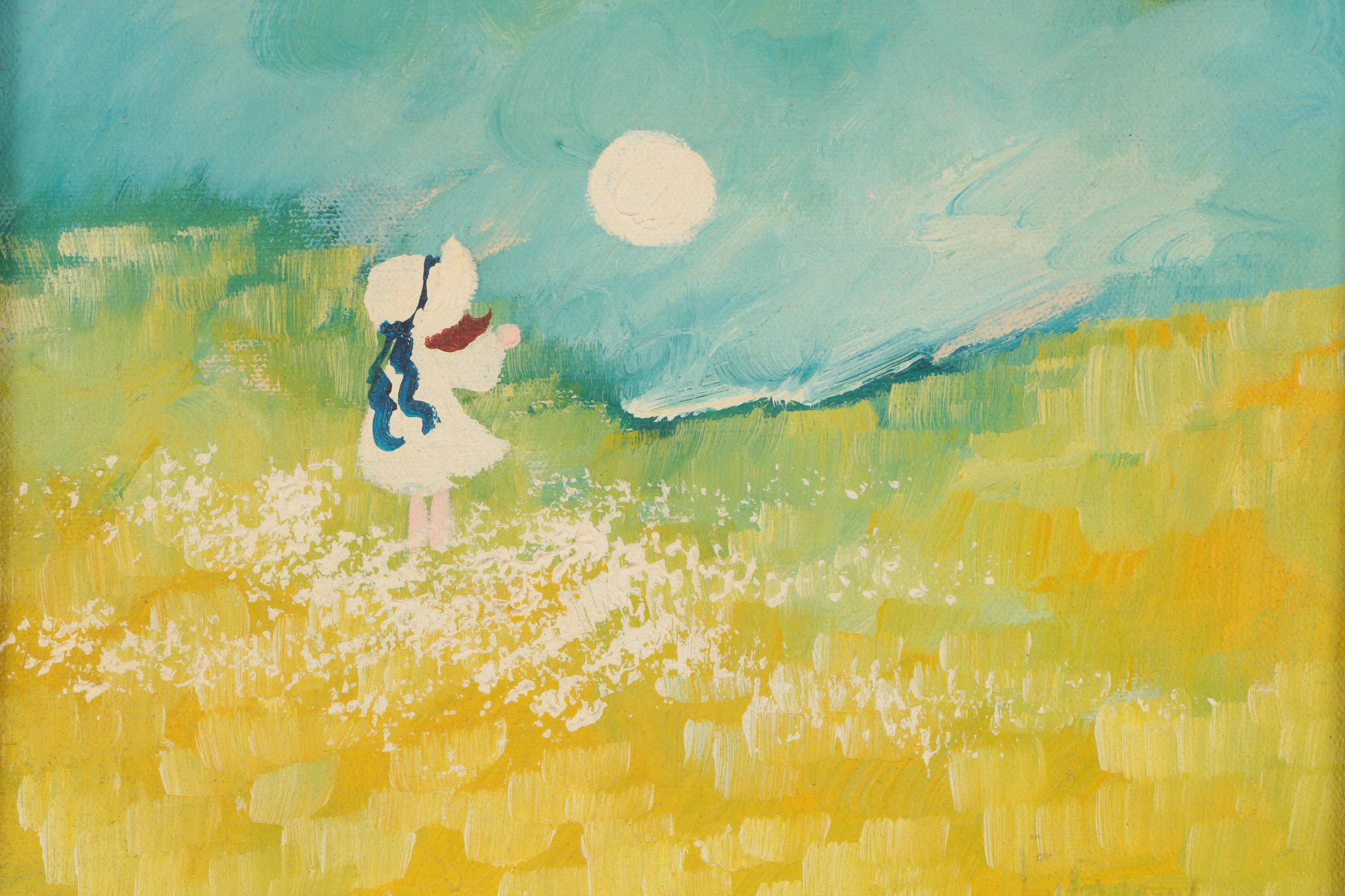 Farron Late 20th Century Oil Painting of Girl Standing in a Golden Field